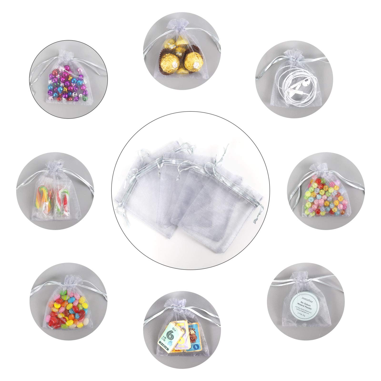 Lautechco 100Pcs 4x6 Inch Gray Organza Drawstring Gift Bags - Premium Mesh Favor Pouches for Christmas Presents, Wedding Favors, Party Giveaways & Jewelry Packaging