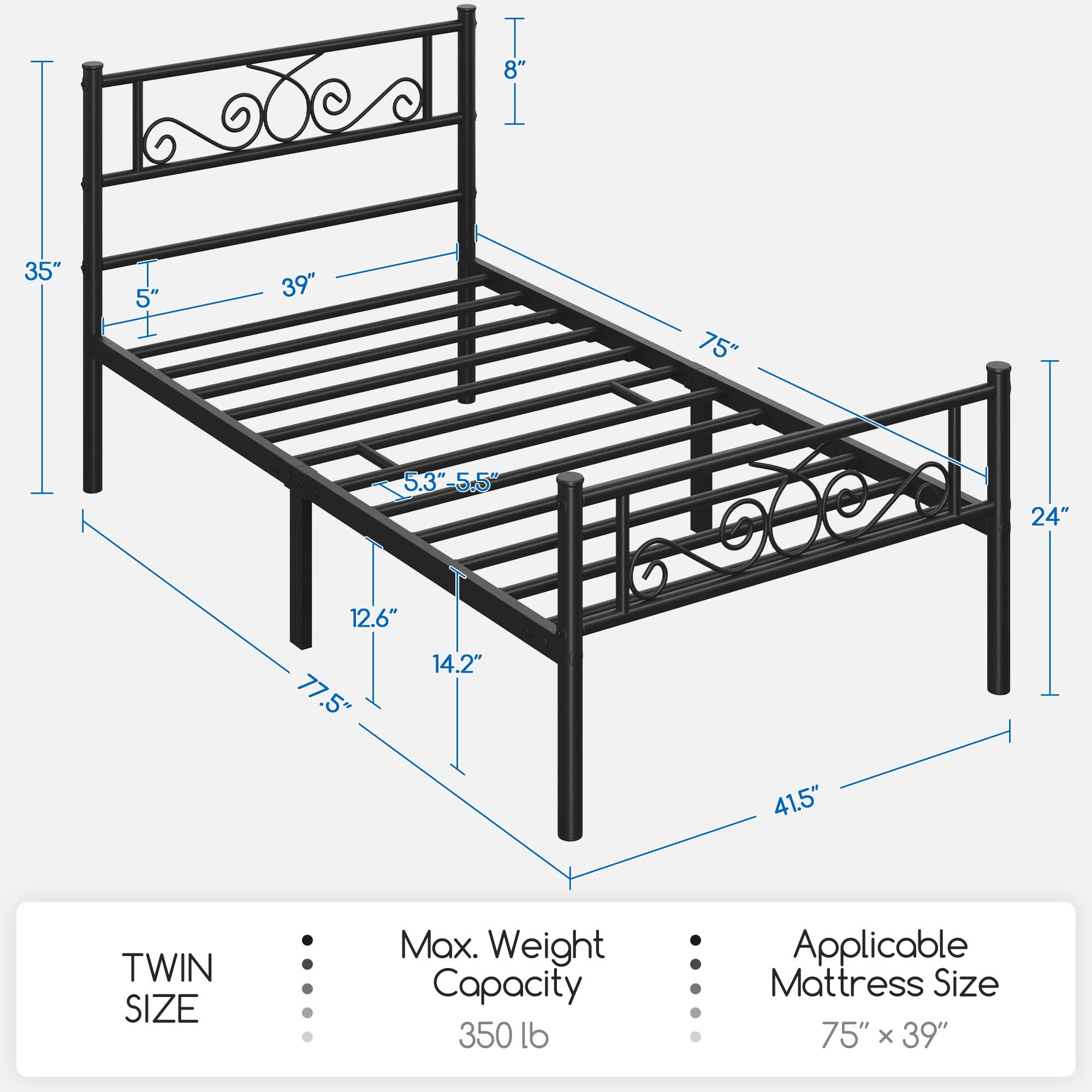 Topeakmart 13 Inch Twin Size Metal Bed Frame with Headboard - Sturdy Mattress Foundation, Platform Bed & Slatted Base for Bedroom, Guest Room, Dorm or Apartment
