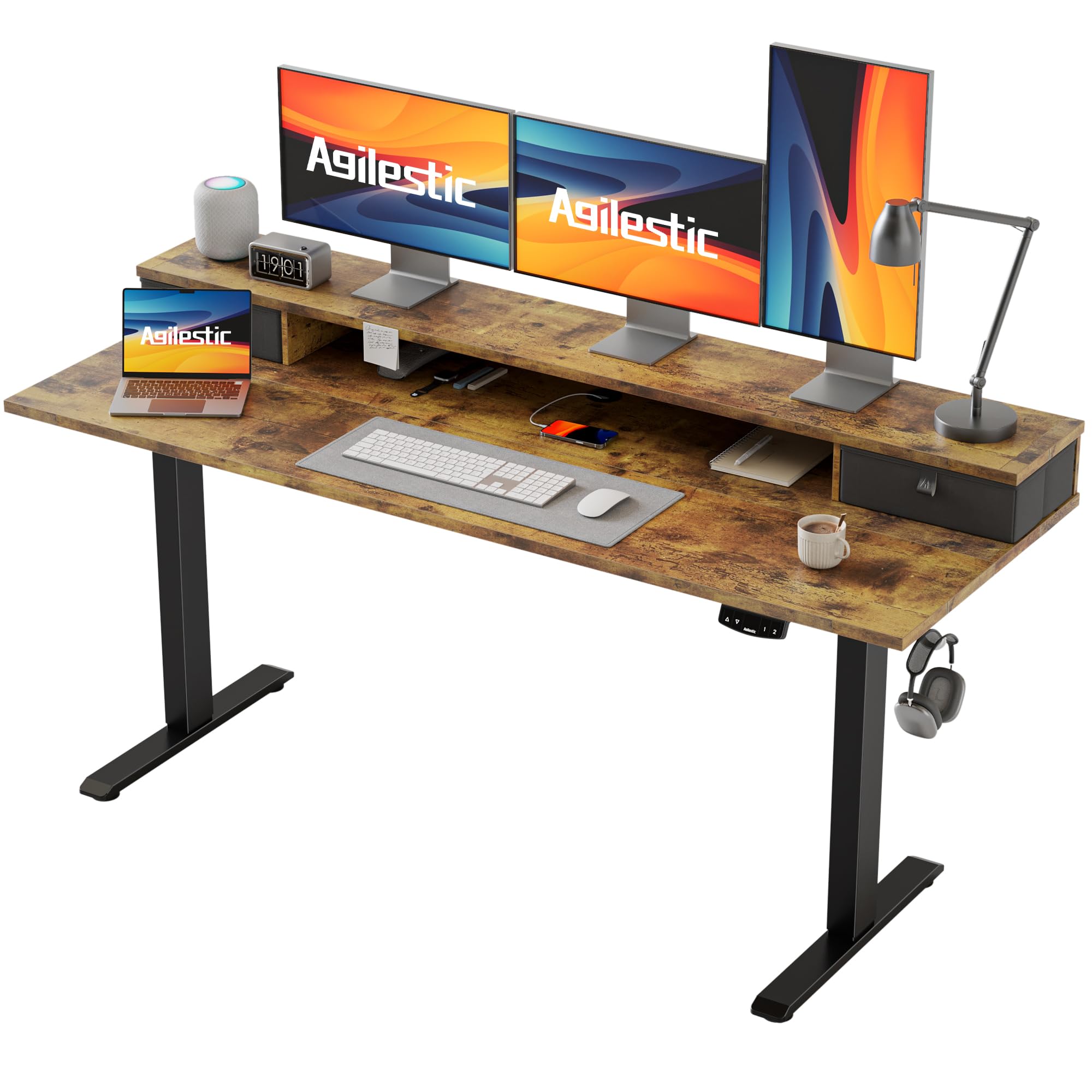 Agilestic 63 x 24 Inches Electric Standing Desk - Height Adjustable with 2 Drawers & Splice Board, Rustic Brown - Perfect for Home Office, Gaming Setup and Workspace Ergonomics