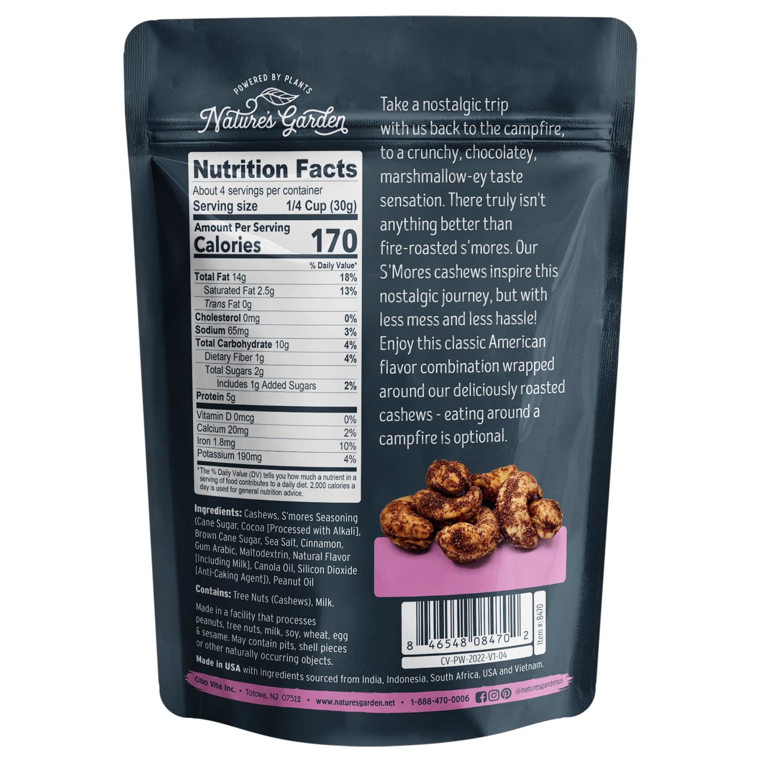 Nature's Garden Smores Cashews, 4 oz (Pack of 6) - Chocolate Covered Roasted Cashews, Gluten Free Healthy Snacks for Adults, Crunchy Flavored Nuts with Marshmallow & Graham Cracker - Perfect for Camping, Office Snacks & Holiday Gifts