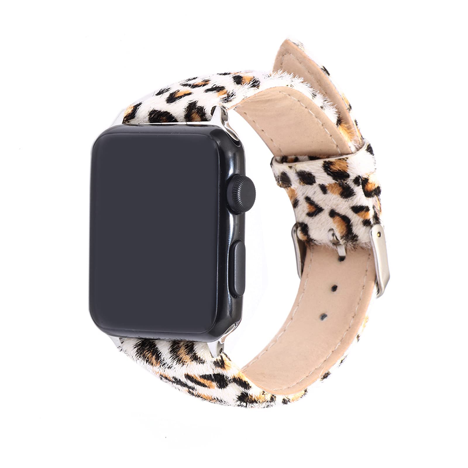 Leopard Print Leather Apple Watch Band for Women - Furry Replacement Strap Compatible with iWatch Series 4/5/6/7/8 (42mm/44mm) - Perfect for Fashion Accessories, Casual Wear & Gym Workouts