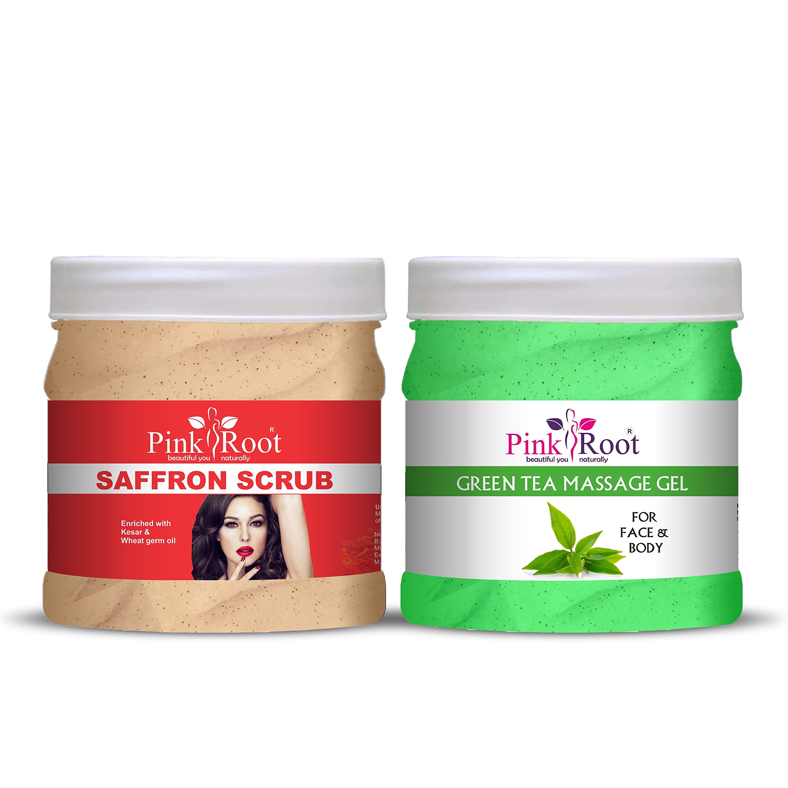 **Pink Root Green Tea Massage Gel & Saffron Scrub Set - 500ml Each | Natural Skincare for Relaxation & Exfoliation | Perfect for Spa, Home Use & Gift Giving**