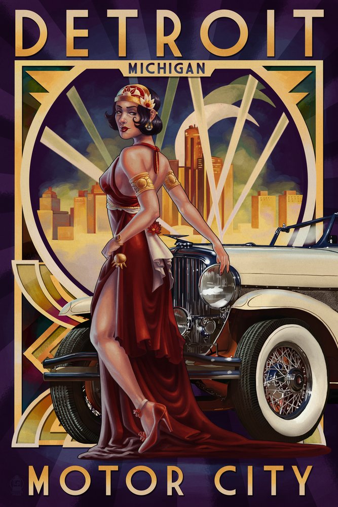 Detroit Michigan Vintage Woman & Car Metal Wall Art - 16x24 Gallery Quality Aluminum Decor for Home, Office & Man Cave