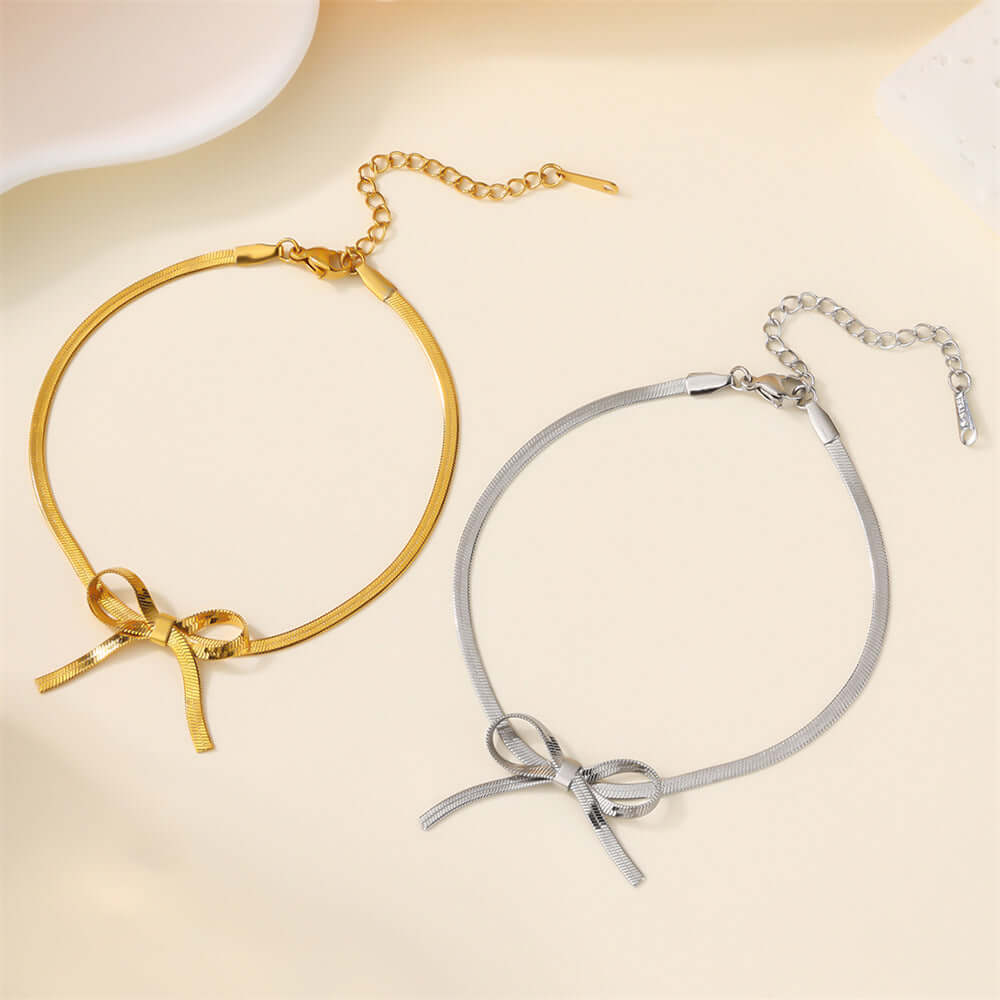 Elegant Gold Bow Herringbone Anklet Chain for Women - APJ536 | Perfect for Beach Vacations, Summer Outfits & Boho Style Accessories