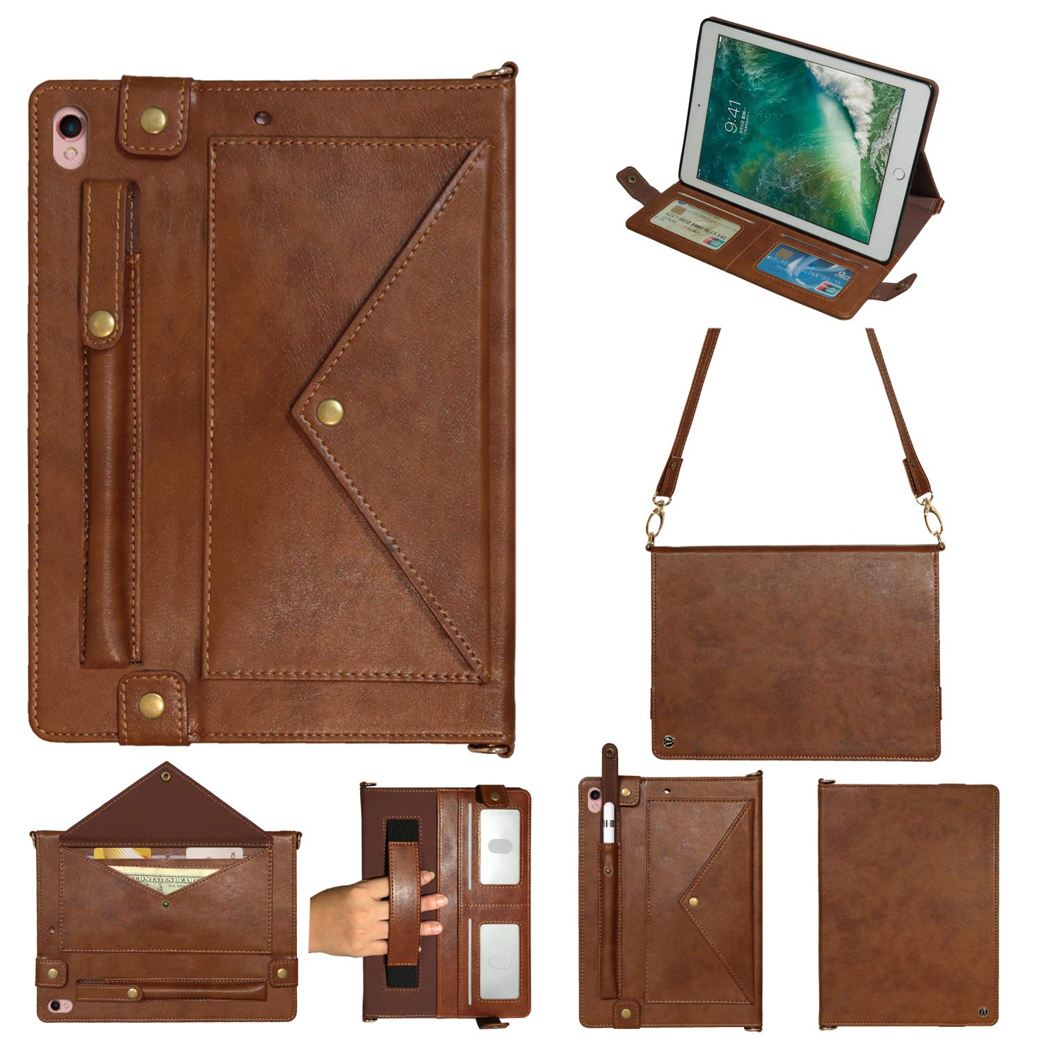 Premium iPad Pro 11 Case (2018/2020/2021/2022) - Multi-Function Wallet Cover with Card Slots, Cash Pocket, Pen Holder & Adjustable Shoulder Strap - Durable Protective Book Case with Classic Buckle Closure - Perfect for Work, Travel & Daily Commute (Brown)