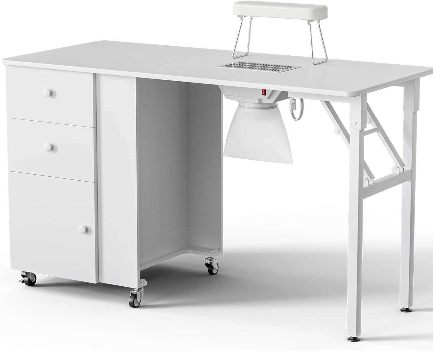 Foldable Manicure Table with Built-in Dust Collector - Adjustable Nail Desk with Wrist Pad & Lockable Wheels - Portable Nail Tech Station for Home Salon & Professional Use (White)