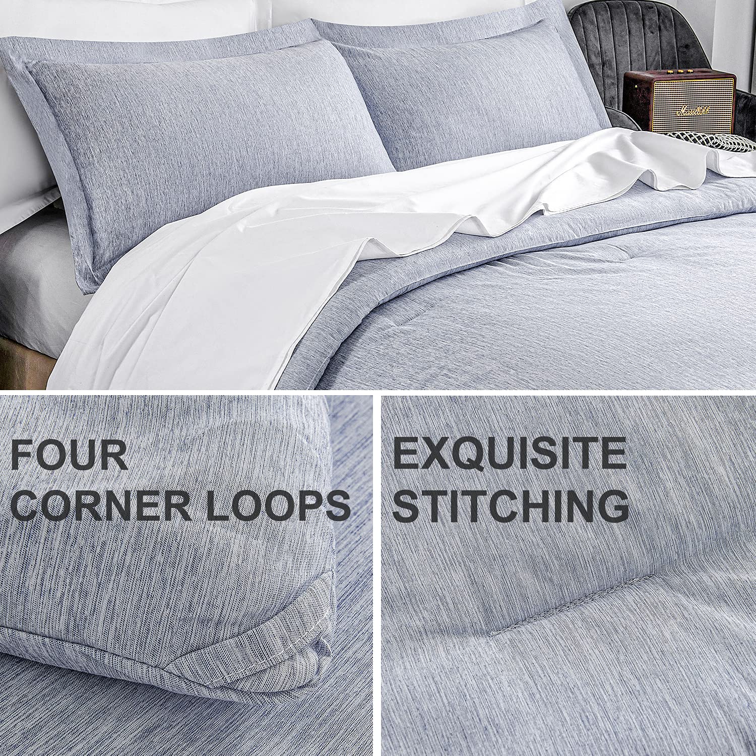 HOdo King Size Comforter Set - Oversized Blue Bedding with Cationic Dyeing & Pillow Shams (104x96 inches, 3-Piece) | Luxurious Hotel-Style Bedroom Decor for Master Bedroom & Guest Room