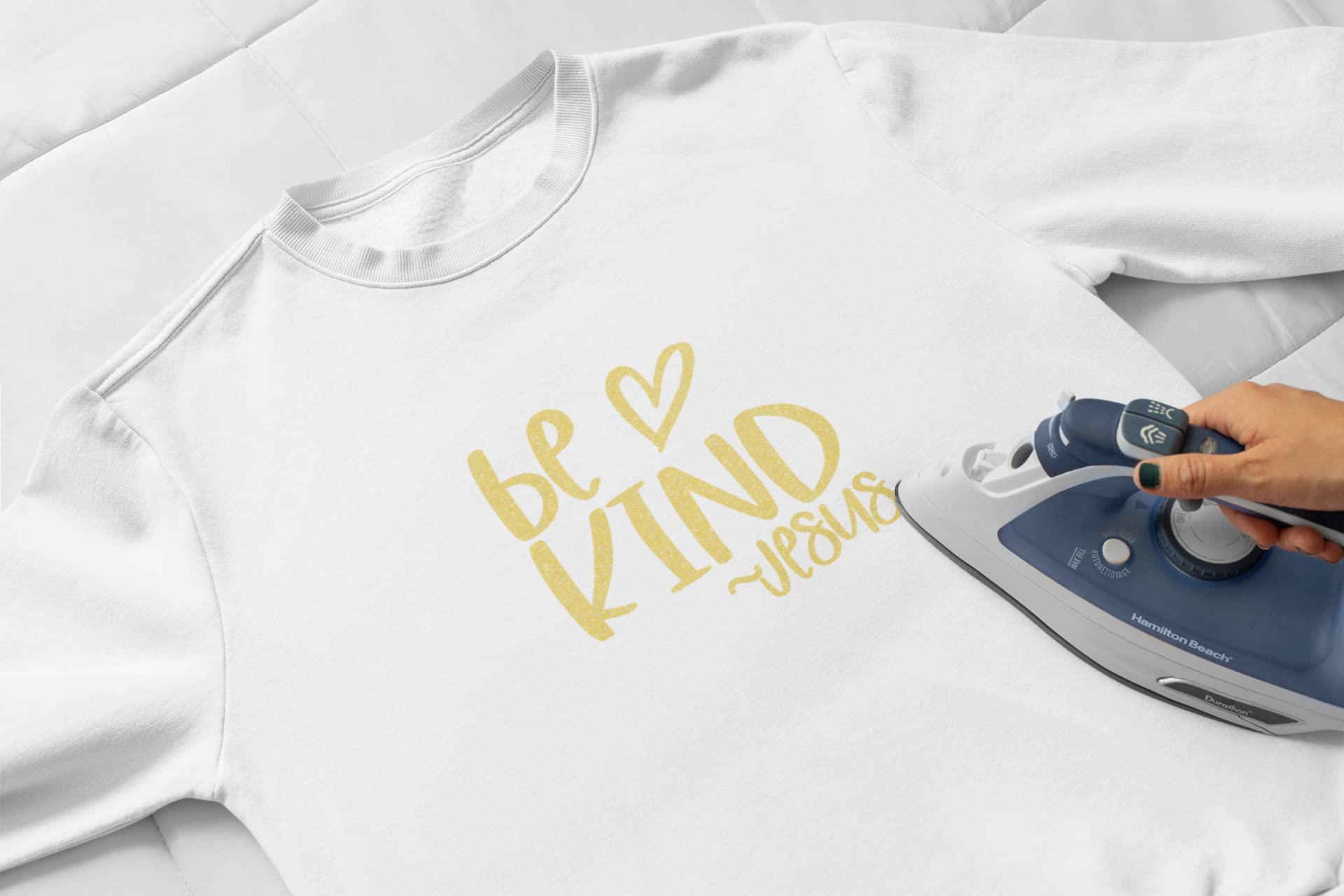 Be Kind Jesus Iron On Decal - Christian T-Shirt Transfer for DIY Crafts & Vinyl Applique - Positive Patch for Hats, Fabric & Clothing - Easy 5 Minute Iron-On in Neon Yellow Glitter - Perfect for Church Events, Youth Groups & Faith-Based DIY Projects