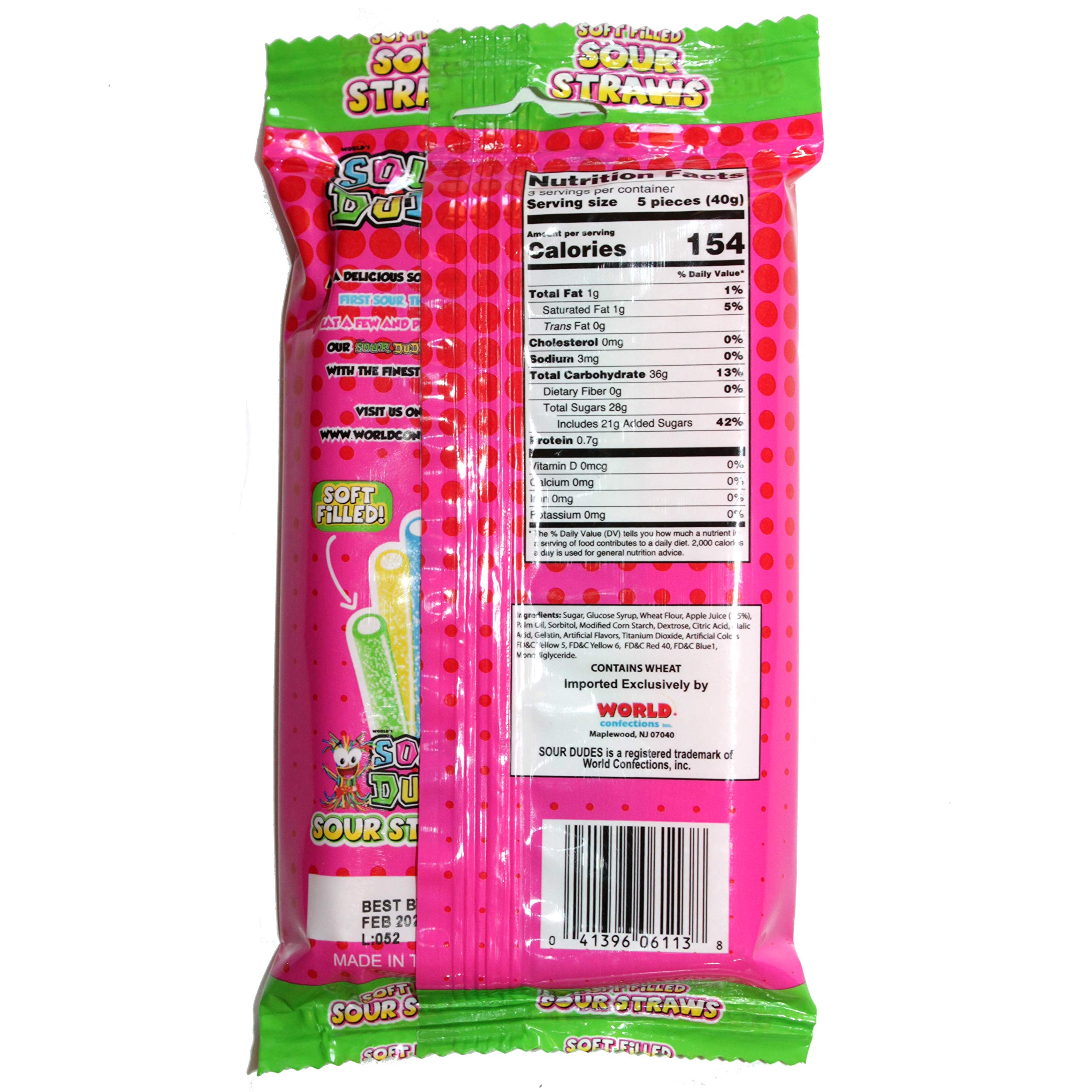 Sour Dudes Soft Filled Sour Straws Candy - Sweet & Tangy Assorted Fruit Flavors - Made with Real Fruit Juice - 4.5oz Pack - Perfect for Parties, Snacking & Lunchbox Treats