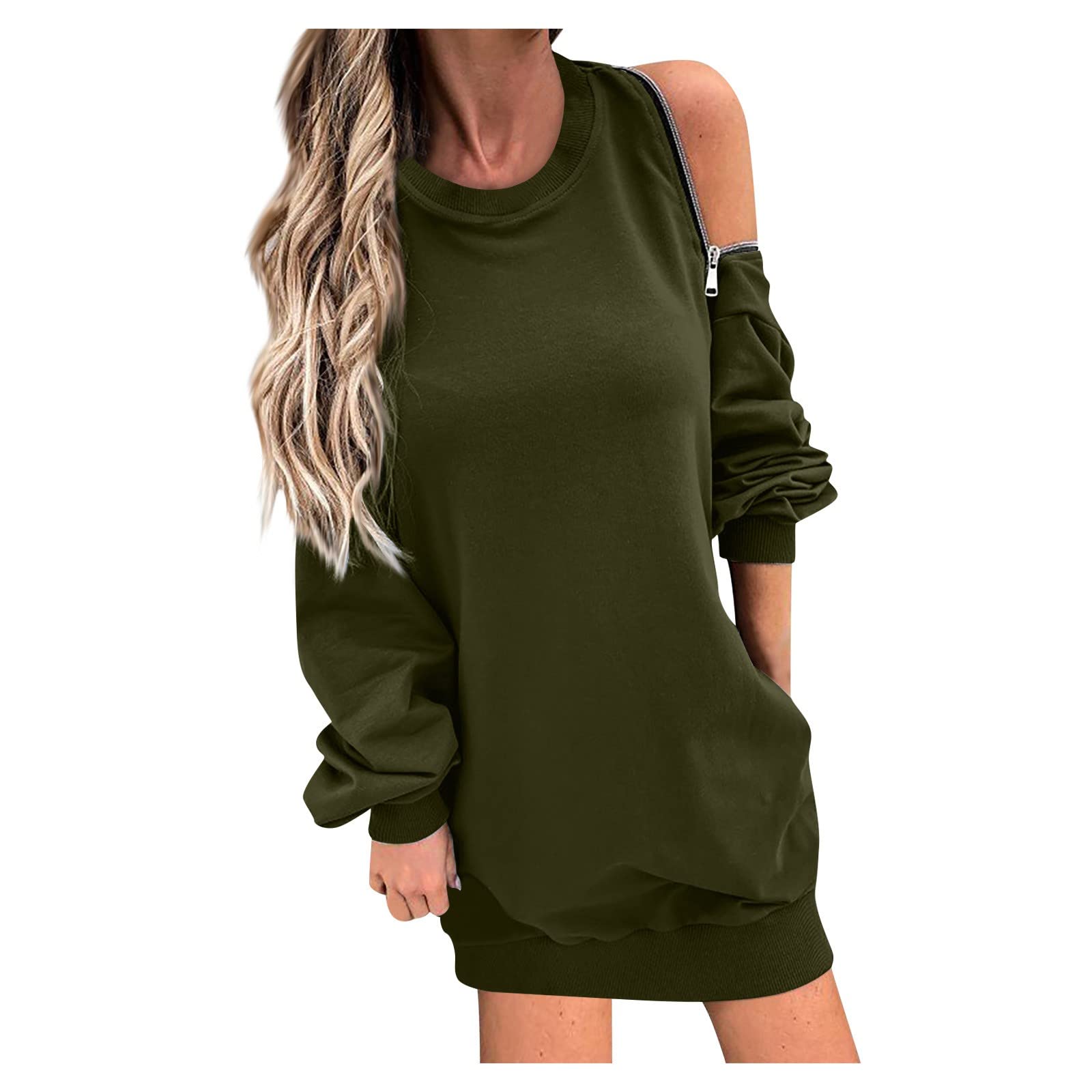 Stylish Women's Dresses 2023 | Fashionable Monochrome Round Neck Loose Zipper Long Sleeve Dress for Autumn & Winter | Perfect for Office Wear, Casual Outings & Holiday Parties
