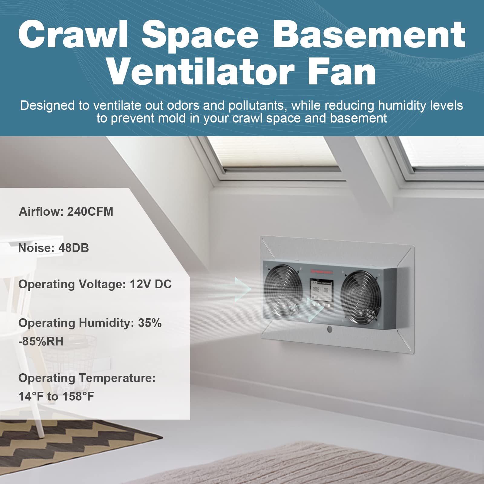 Abestorm Crawlspace Ventilation Fan with Humidistat & Temperature Control - 240CFM Moisture Reducing Fan for Crawl Spaces, Garage, Attic & Hydroponics Grow Tents - Perfect for Humidity Control & Air Circulation in Basements and Indoor Gardens