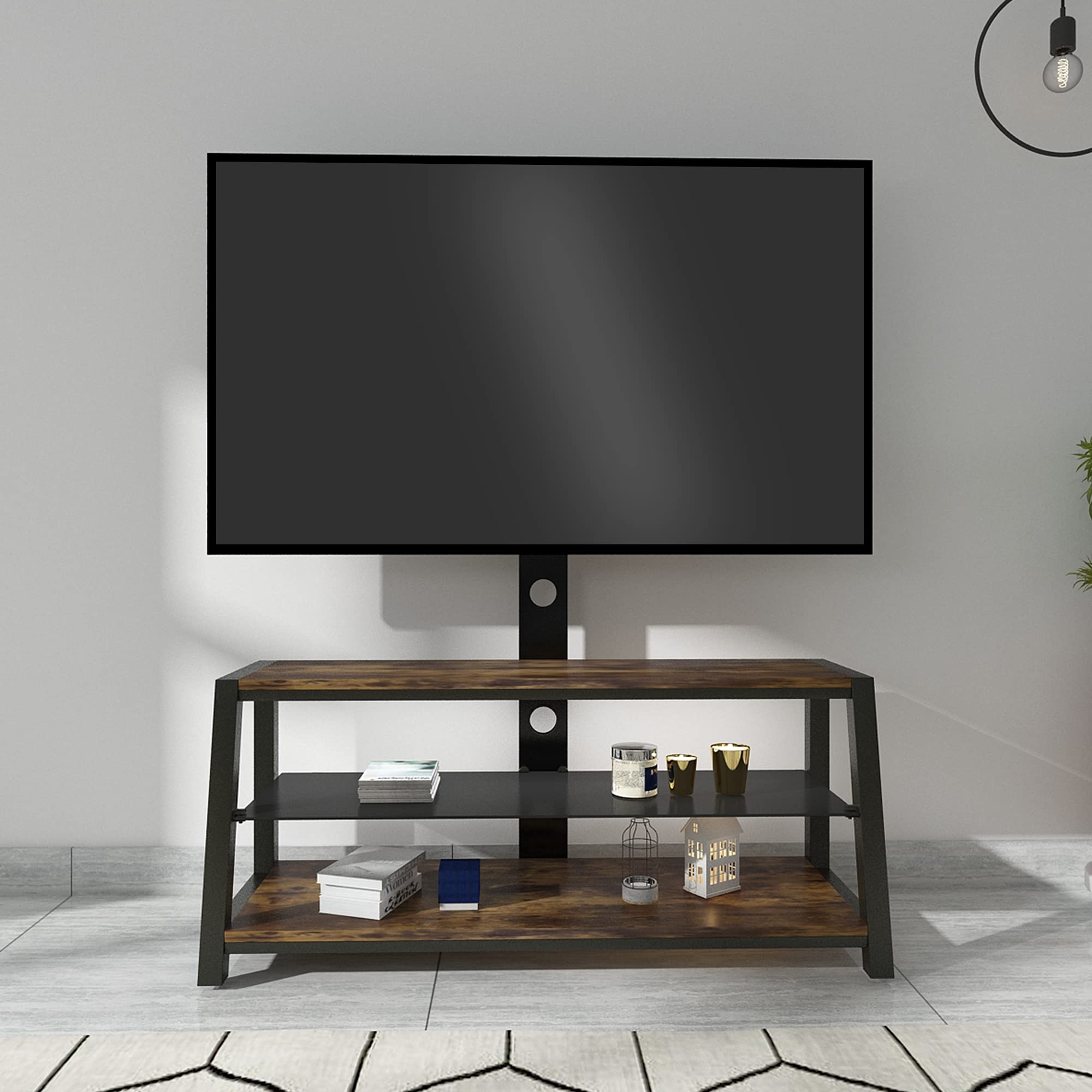 Black Wooden TV Stand with Tempered Glass - Adjustable Height, Universal Swivel Design for Flat Screen TVs - Perfect for Living Room, Bedroom & Home Theater Entertainment Center