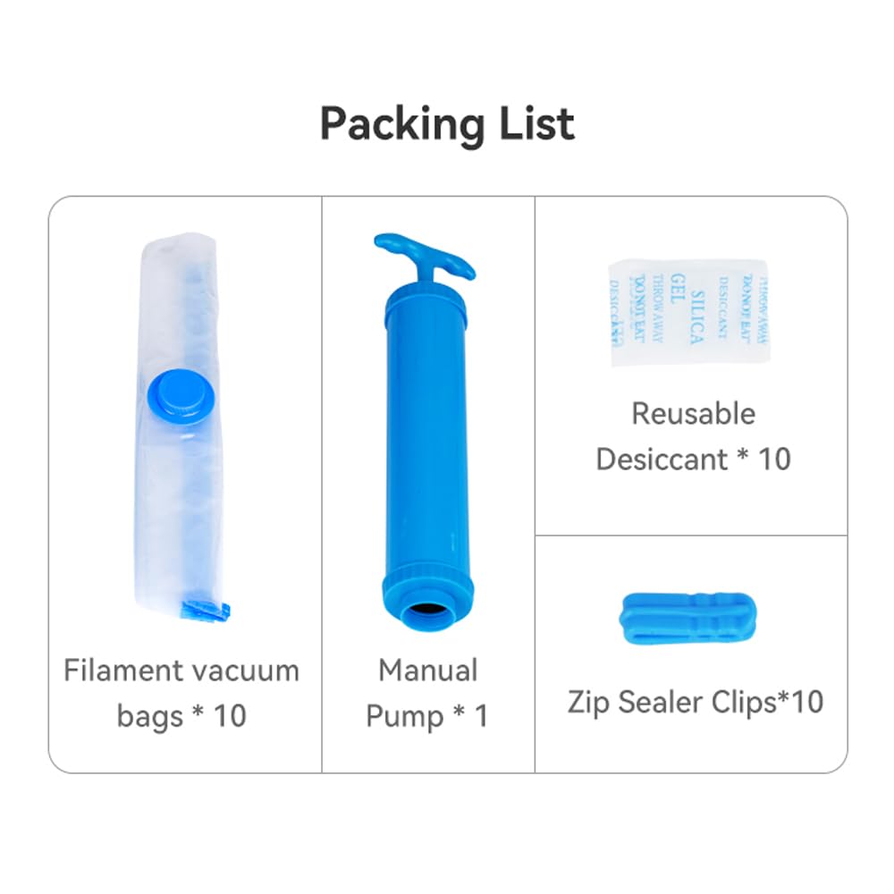 Creality 3D Printer Filament Vacuum Storage Kit - 10 Vacuum Bags with Desiccants, Sealing Clips & Hand Pump (350x350mm) | Keep Filament Dry for PLA, ABS, PETG | Perfect for Long-Term Storage & Moisture Protection