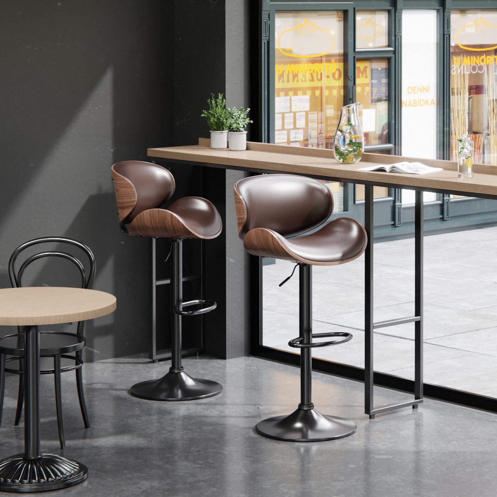 ONME Bar Stools Set of 2 - Adjustable Height Swivel Bar Stools with PU Leather Upholstery, Back Support & Footrest - Modern Bentwood Counter Stools for Kitchen Island, Home Bar & Dining Room - Perfect for Entertaining & Casual Dining (Brown)