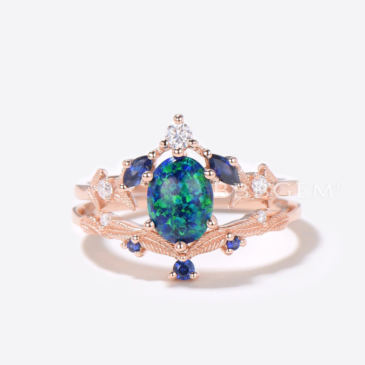 Oval Cut Black Opal Engagement Ring - Nature Inspired Leaf Design Bridal Set for Wedding & Proposal | Perfect for Nature Lovers & Unique Bridal Jewelry