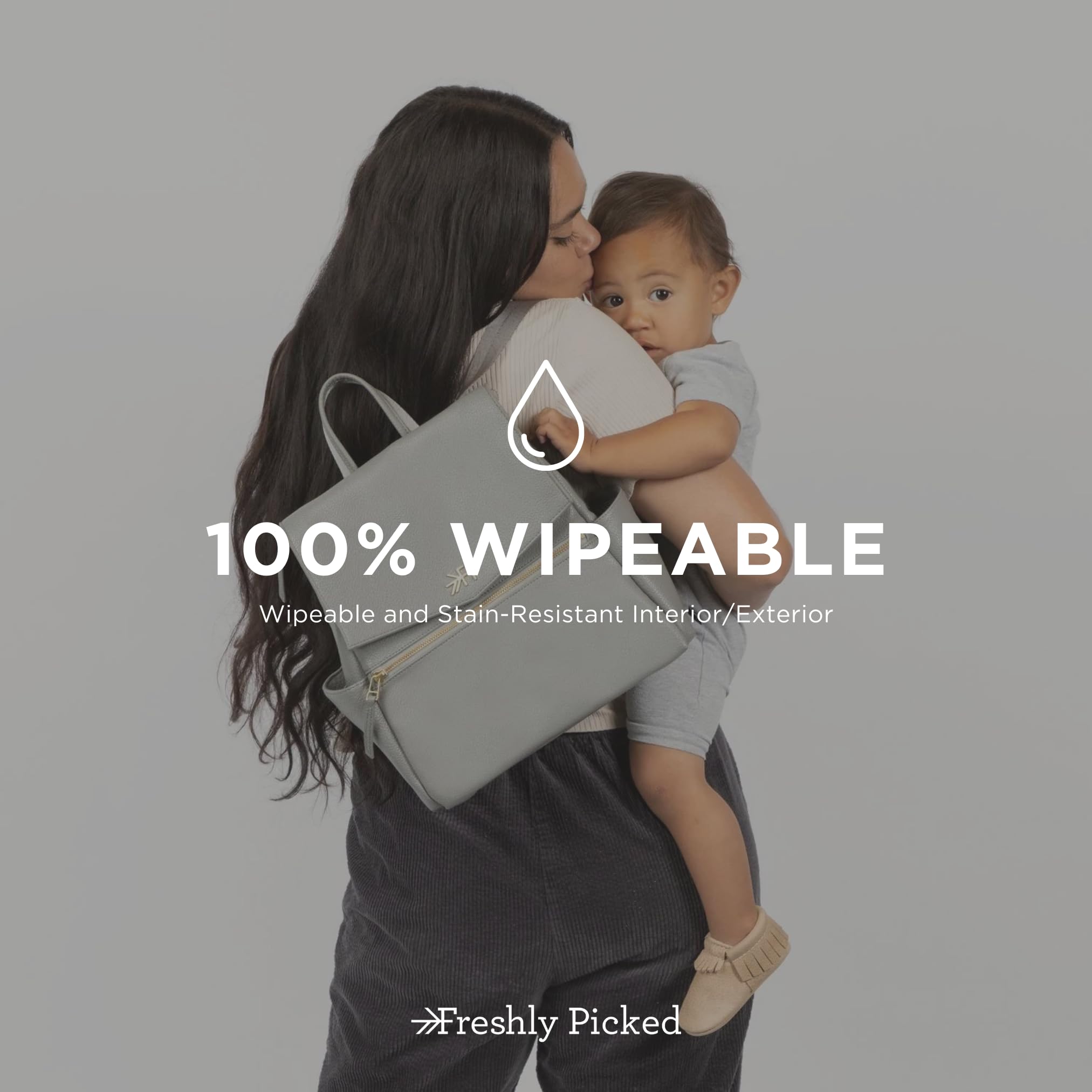 Freshly Picked Mini Classic Diaper Bag Backpack - Waterproof Vegan Leather Baby Changing Bag for Moms, Travel & Everyday Use (Stone Grey) - Perfect for Daycare, Park Outings & Family Trips