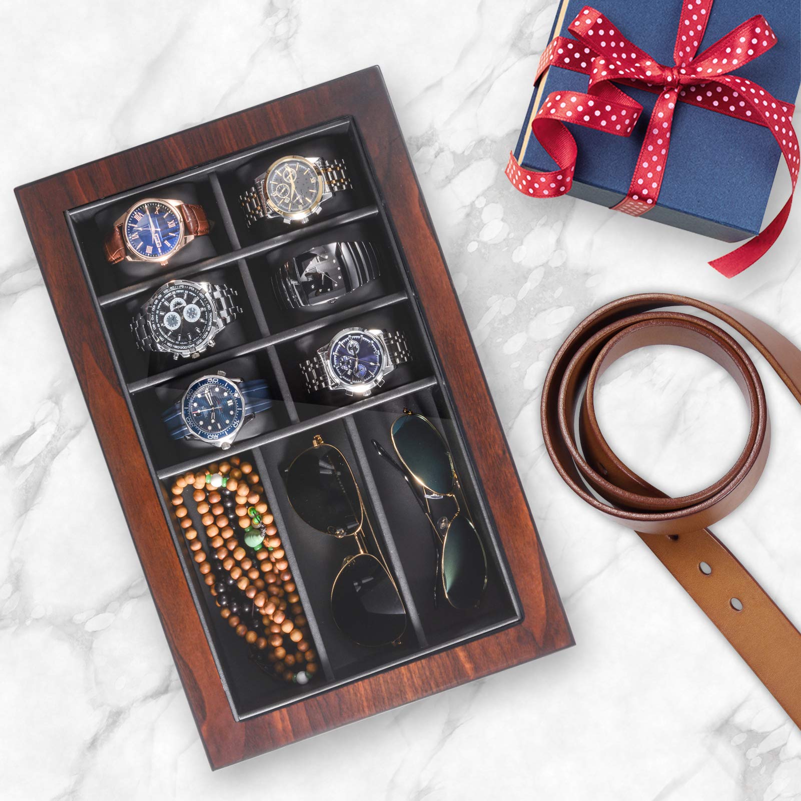 Premium Wooden Watch Box Organizer for Men - Luxury Valet Drawer & Glass Top Display Case - Jewelry Storage Gift for Him - Perfect for Watch Collectors & Fashion Accessories Organization
