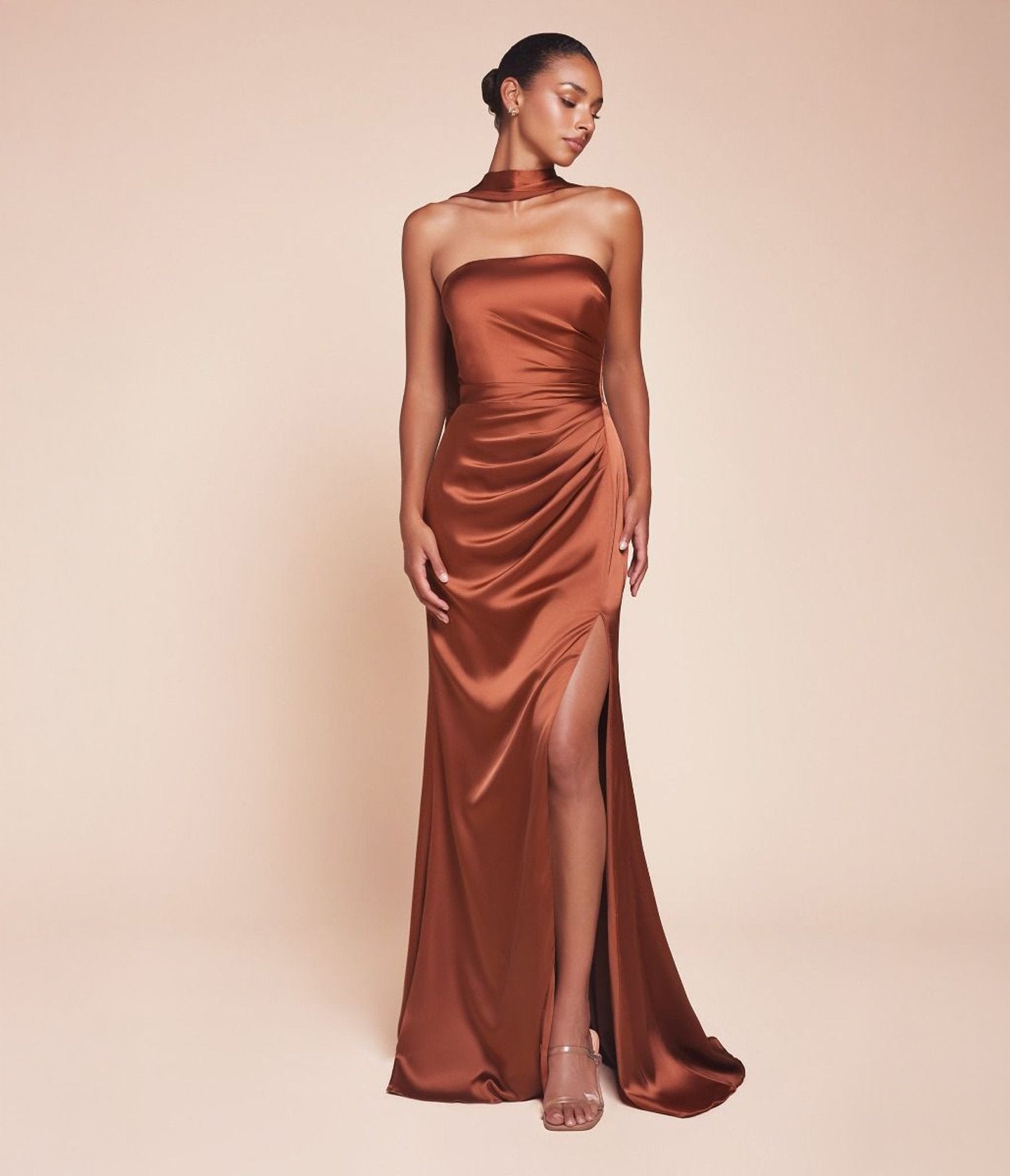 Ladivine by Cinderella Divine Sienna Strapless Satin Prom Dress with Detachable Sash - Perfect for Homecoming, Weddings & Formal Events