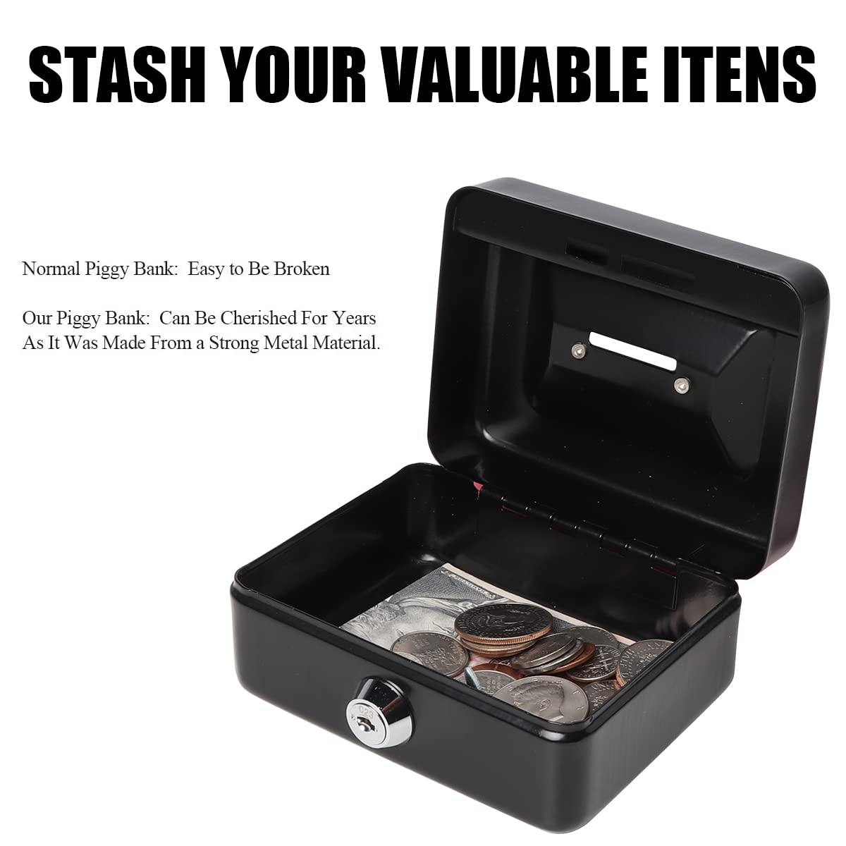 Jssmst Small Metal Cash Box with Lock & Coin Slot - Secure Black Money Bank for Home, Office & Retail (SMCB0301N) - Perfect for Storing Cash, Coins, Valuables & Important Documents