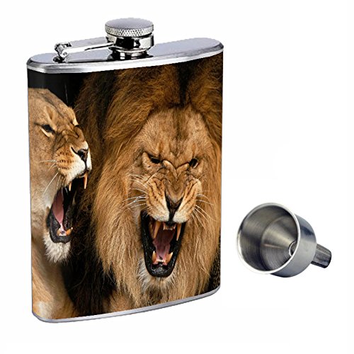 Premium 8oz Stainless Steel Whiskey Flask with Free Funnel - Lions Perfection In Style D-006 - Perfect for Outdoor Adventures, Camping, Travel & Gifts