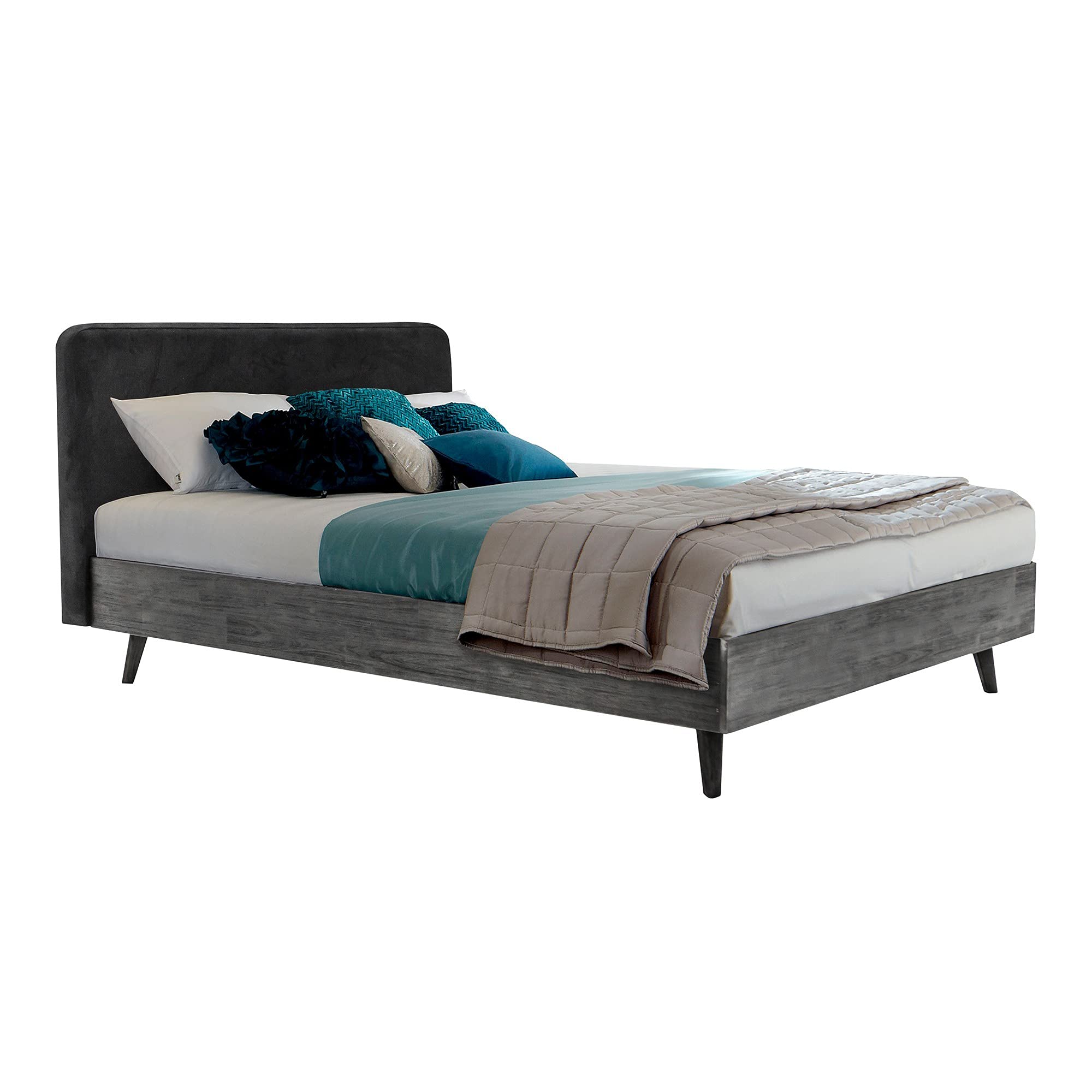 Benjara Mid Century Modern King Size Bed with Upholstered Fabric Headboard - Gray Platform Bed Frame for Bedroom, Living Room & Guest Room
