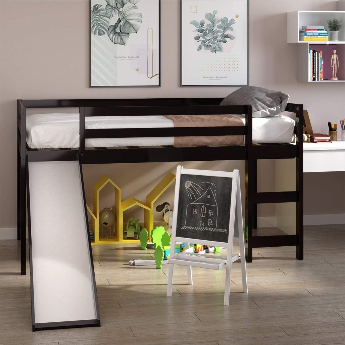 NAFOR Twin Loft Bed with Slide & Stairs - Solid Wood Low Loft Bed Frame for Kids, Girls & Boys - Includes Climbing Ladder, Safety Guard Rails & Slat Support - Espresso Finish - Perfect for Small Bedrooms, Playrooms & Dorm Rooms