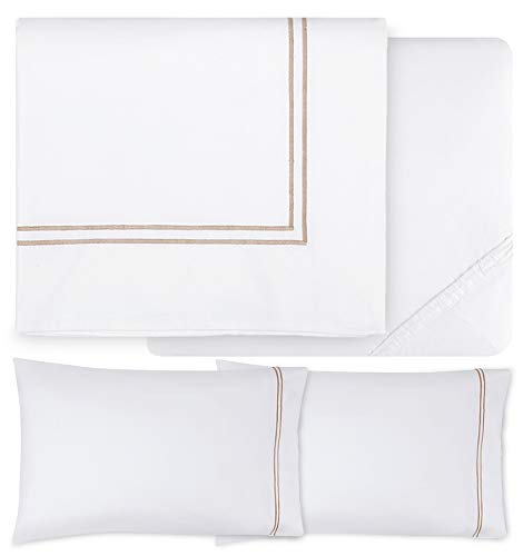 Sferra Grande Hotel Luxury Queen Sheet Set - White & Taupe - Ultra Soft 100% Cotton Bedding for Hotels & Home Use