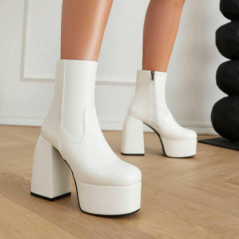 Women's Chunky Heel Ankle Boots - Platform Block Heel, Square Toe, Zipper Closure Punk Combat Motorcycle Boots for Women | Stylish & Comfortable Mid-Calf Boots for Casual Outfits, Night Out & Biker Fashion