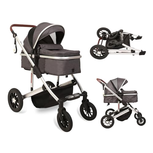 2 in 1 Baby Stroller with Reversible Bassinet - Adjustable Backrest & Canopy, Foldable Lightweight Aluminum Alloy Stroller for Newborns & Infants (Silver-Grey) - Perfect for Park Walks, Shopping & Travel