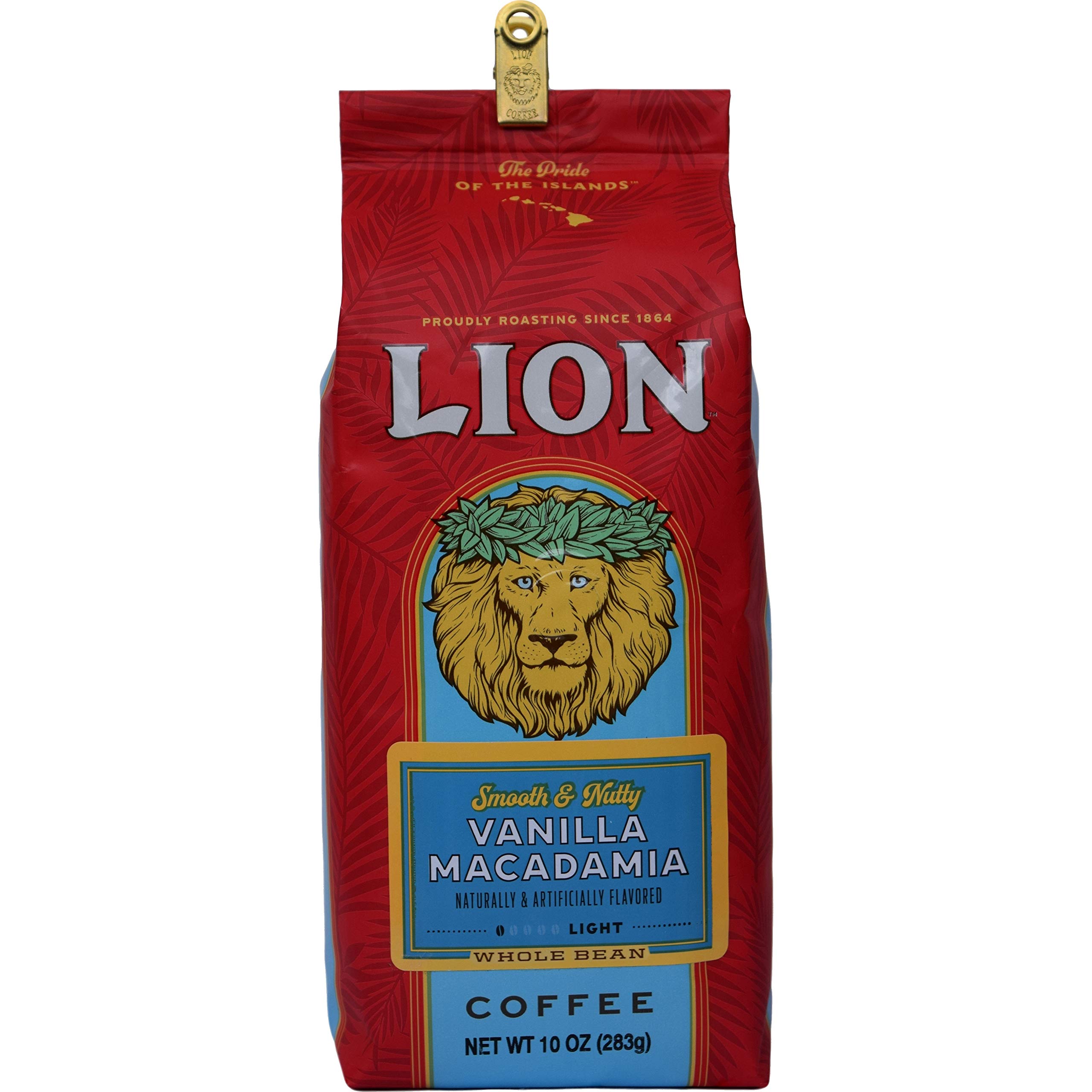 Premium Arabica Light Roast Whole Bean Coffee - Lion Coffee Vanilla Macadamia Flavor, 10oz Bag | Hawaiian-Inspired Gourmet Coffee for Home Brewing, Office Use & Gifts