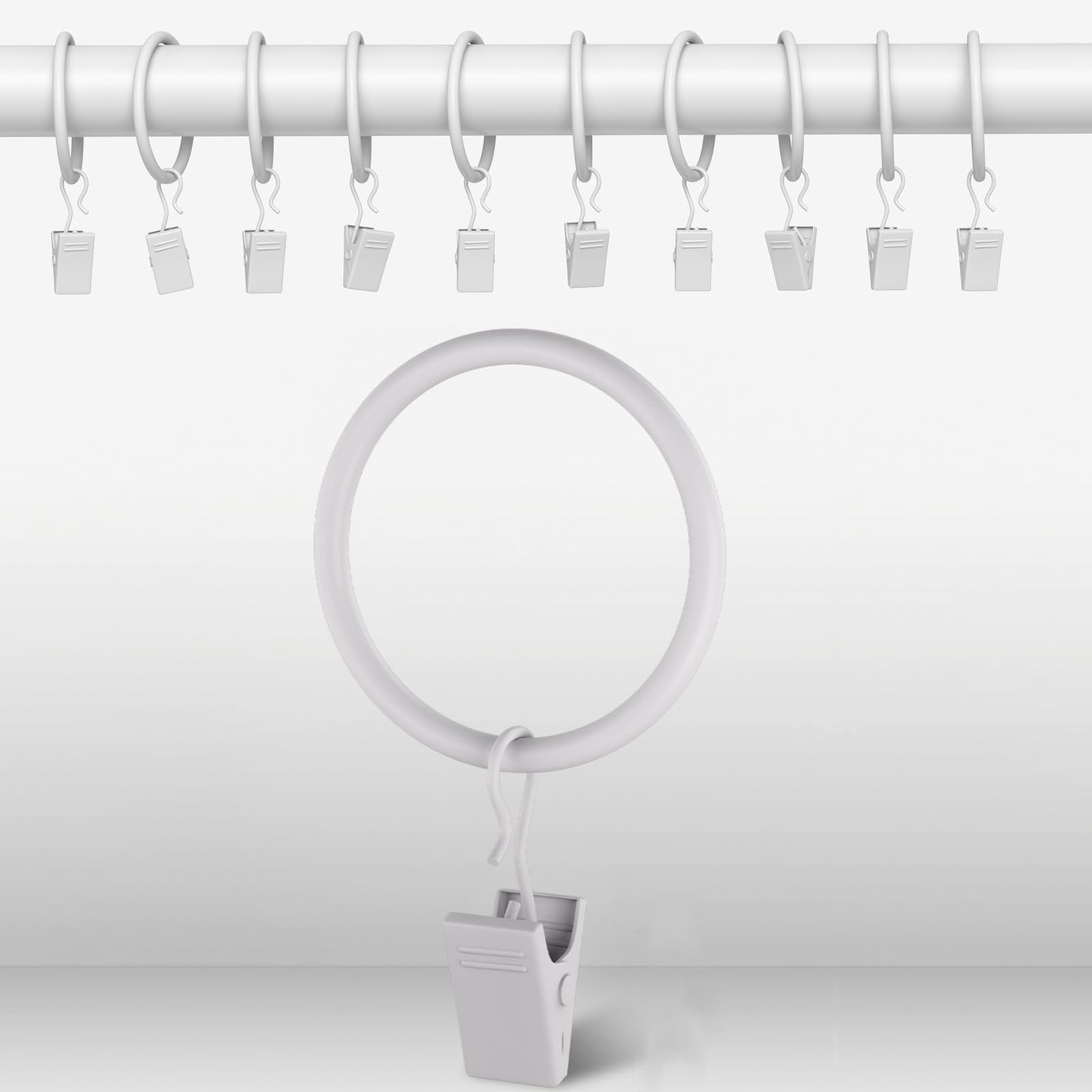 40 Pack White Curtain Rings with Clips - 1 Inch Interior Diameter Drapery Hooks for 5/8 Inch Rods - Durable Metal Curtain Accessories for Living Room, Bedroom & Window Decor