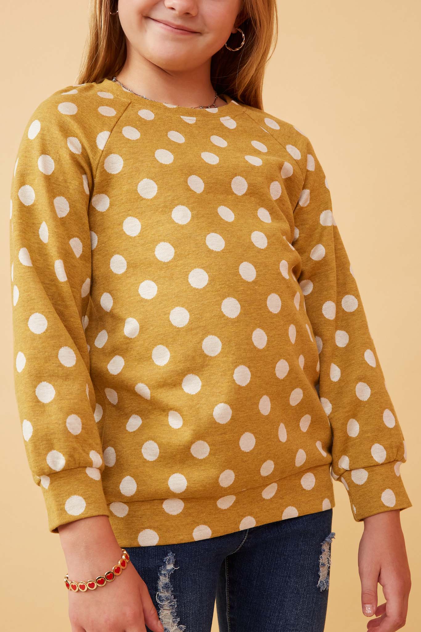 Polka Dot Raglan French Terry Sweatshirt for Women - Soft Casual Pullover with 3/4 Sleeves - Perfect for Lounge Wear, Coffee Dates & Fall Layering