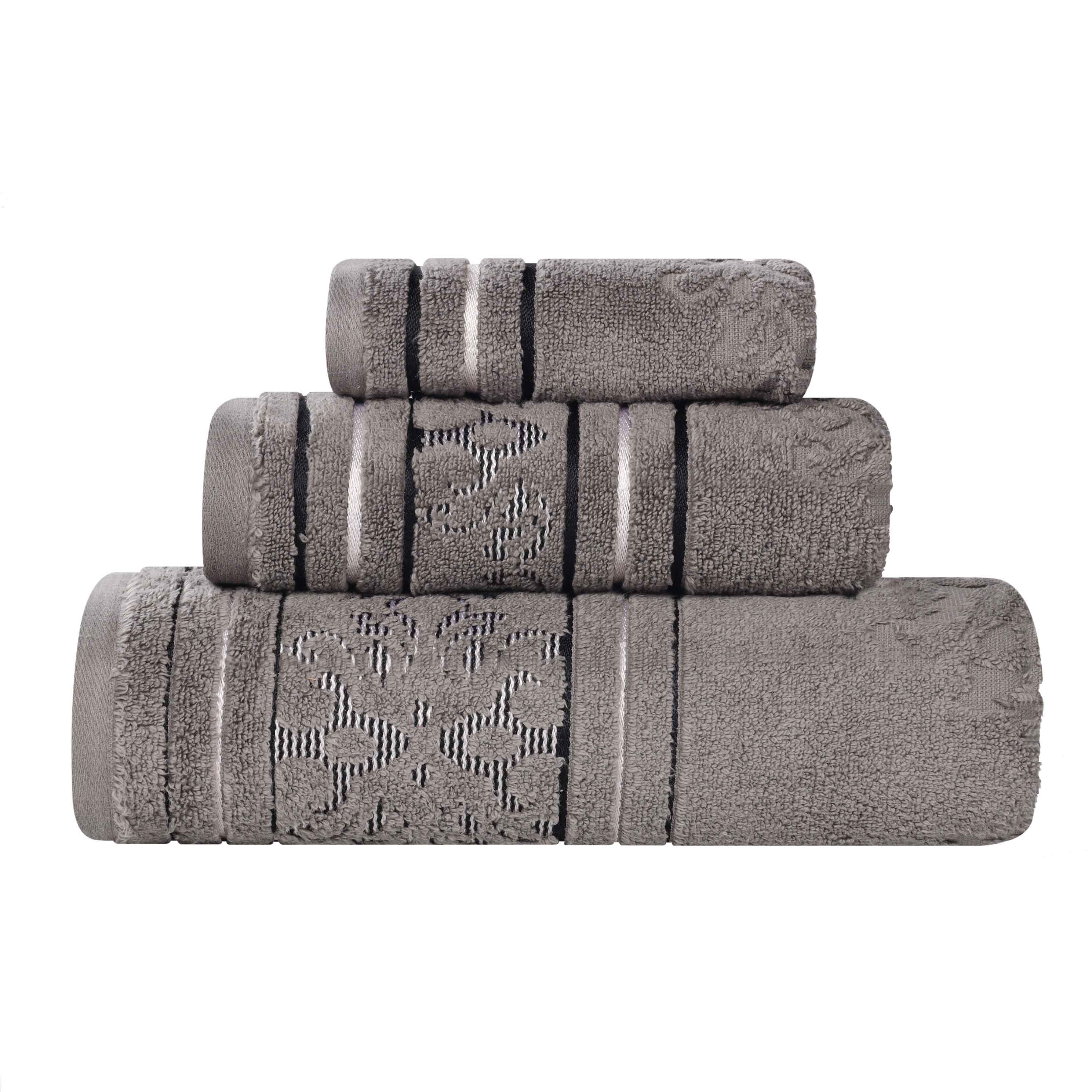 Premium Sadie Zero Twist Cotton 3-Piece Jacquard Towel Set with Elegant Floral Design - Soft Bath Towels for Spa, Guest Bathroom & Luxury Home Decor