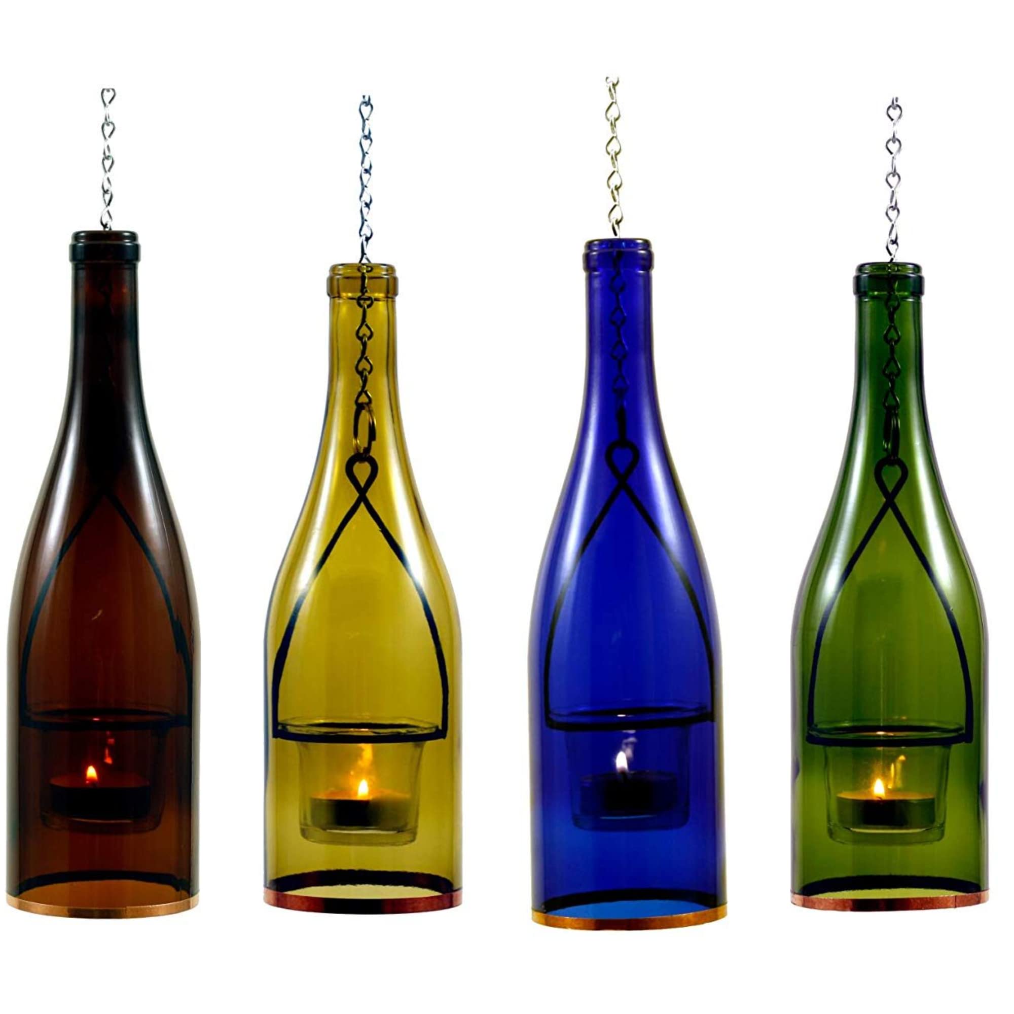 Rustic Hanging Wine Bottle Lantern Lights - Indoor/Outdoor Decorative LED Candle Holders for Wedding, Patio, Garden & Home Decor (Set of 4) - Perfect for Romantic Dinners, Backyard Parties & Cozy Ambiance