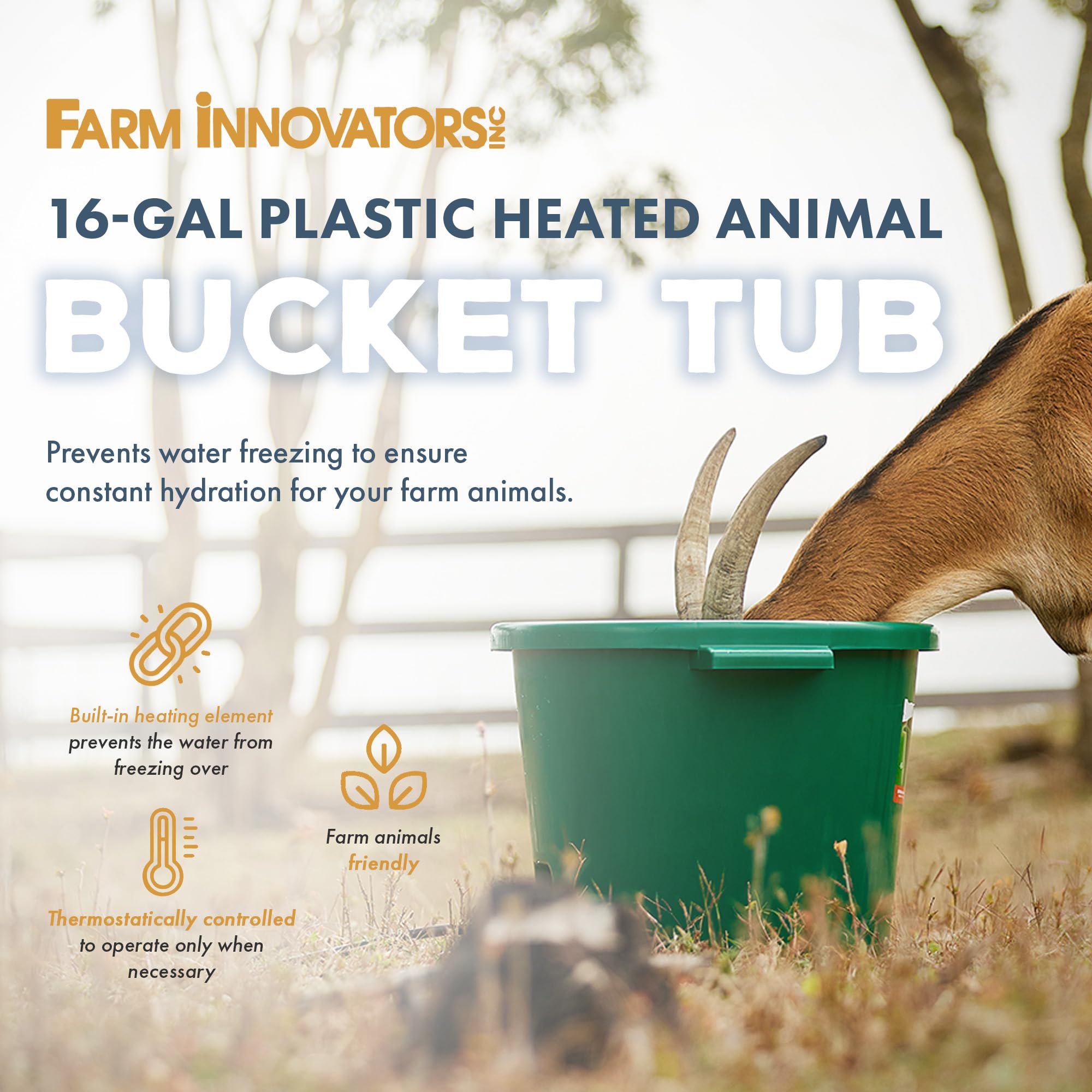 Farm Innovators 16 Gallon Heated Bucket with Thermostat - Livestock Water Bowl with Heating Element for Horses, Cows & Goats - Winter Water Supply Solution for Barns, Stables & Pastures