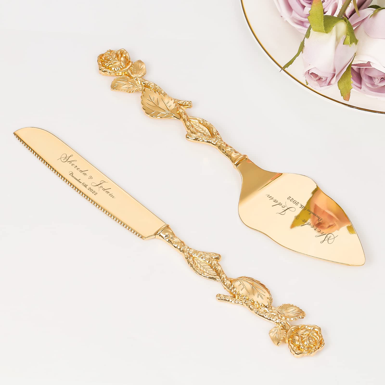 Personalized Gold Cake Knife and Server Set for Wedding - Engraved Cake Cutting Set, Pastry Pie Server & Pizza Cutter - Custom Bridal Shower, Birthday Gift (CUS-Rose) - Perfect for Wedding Cakes, Anniversary Celebrations and Special Occasions