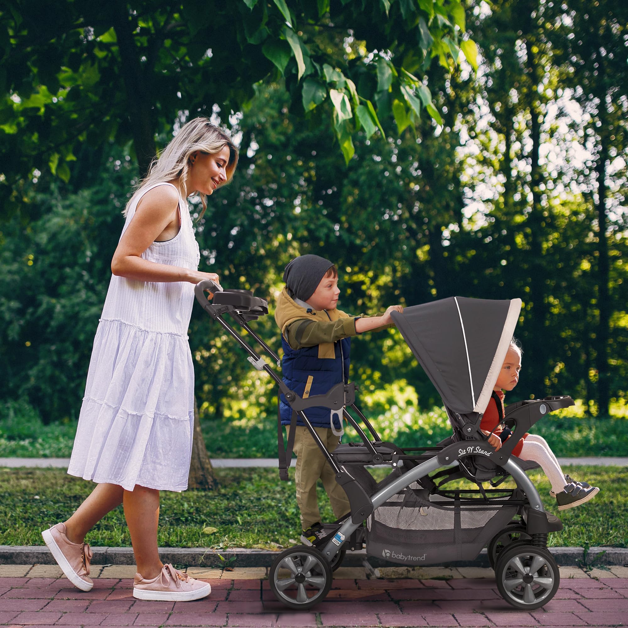 Baby Trend Sit N' Stand Convertible Double Stroller - Lightweight Foldable Travel Stroller for Toddler & Infant with 5-Point Safety Harness, Large Storage Basket | Perfect for Shopping, Travel & Daily Walks (Magnolia)