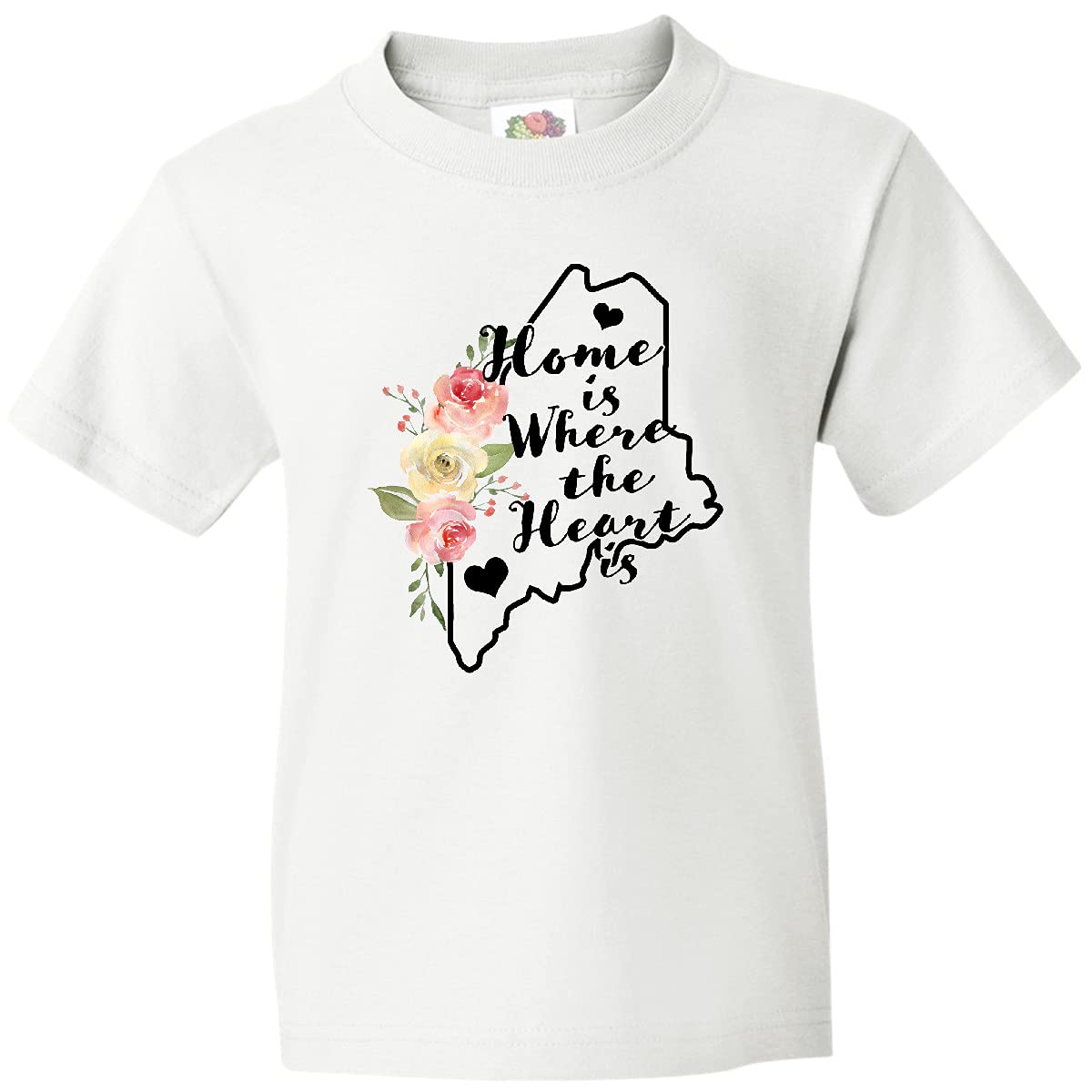 Inktastic Maine Home is Where The Heart is - Watercolor Floral Youth T-Shirt | Cute Casual Outfit for Kids, Family Vacation & Everyday Wear