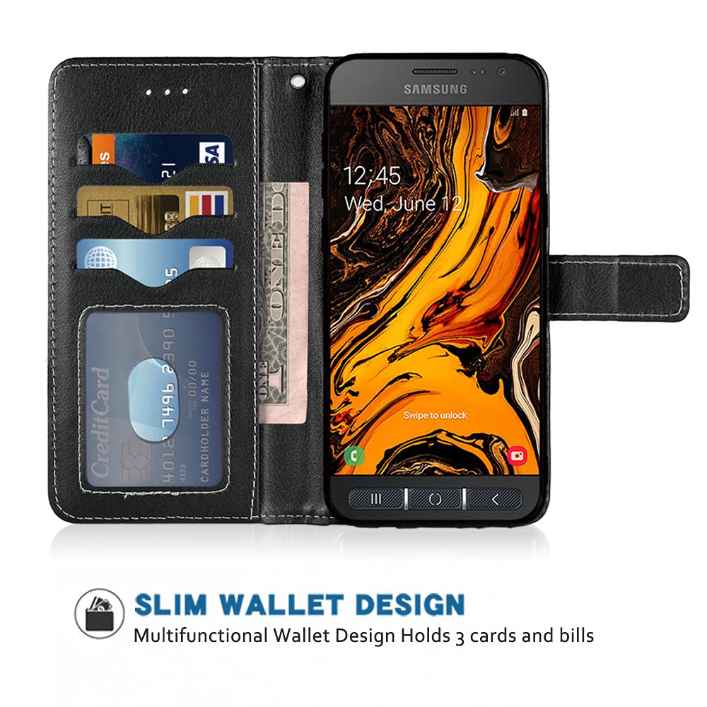 Samsung Galaxy Xcover 4 Wallet Case with Wrist Strap & Lanyard - Leather Flip Cover with Card Holder & Stand - Compatible with Galaxy Xcover 4/4S - Perfect for Work, Travel & Outdoor Activities (Black)
