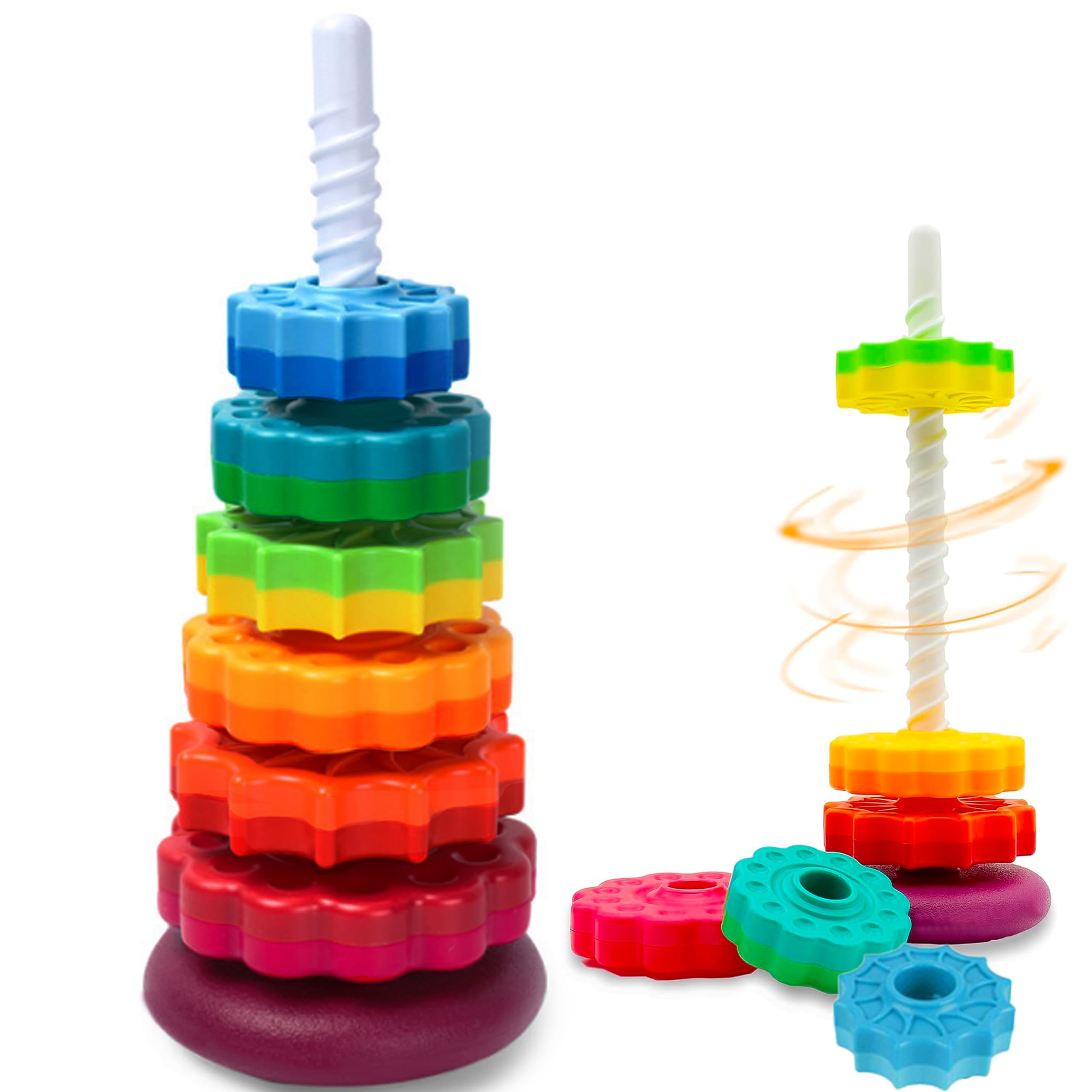 Rainbow Spinning Stacking Toy for Babies & Toddlers - Educational Learning Toy for Focus, Dexterity & Brain Development - Montessori Interactive Baby Stacking Rings - Perfect for Playtime, Early Childhood Development & Sensory Play