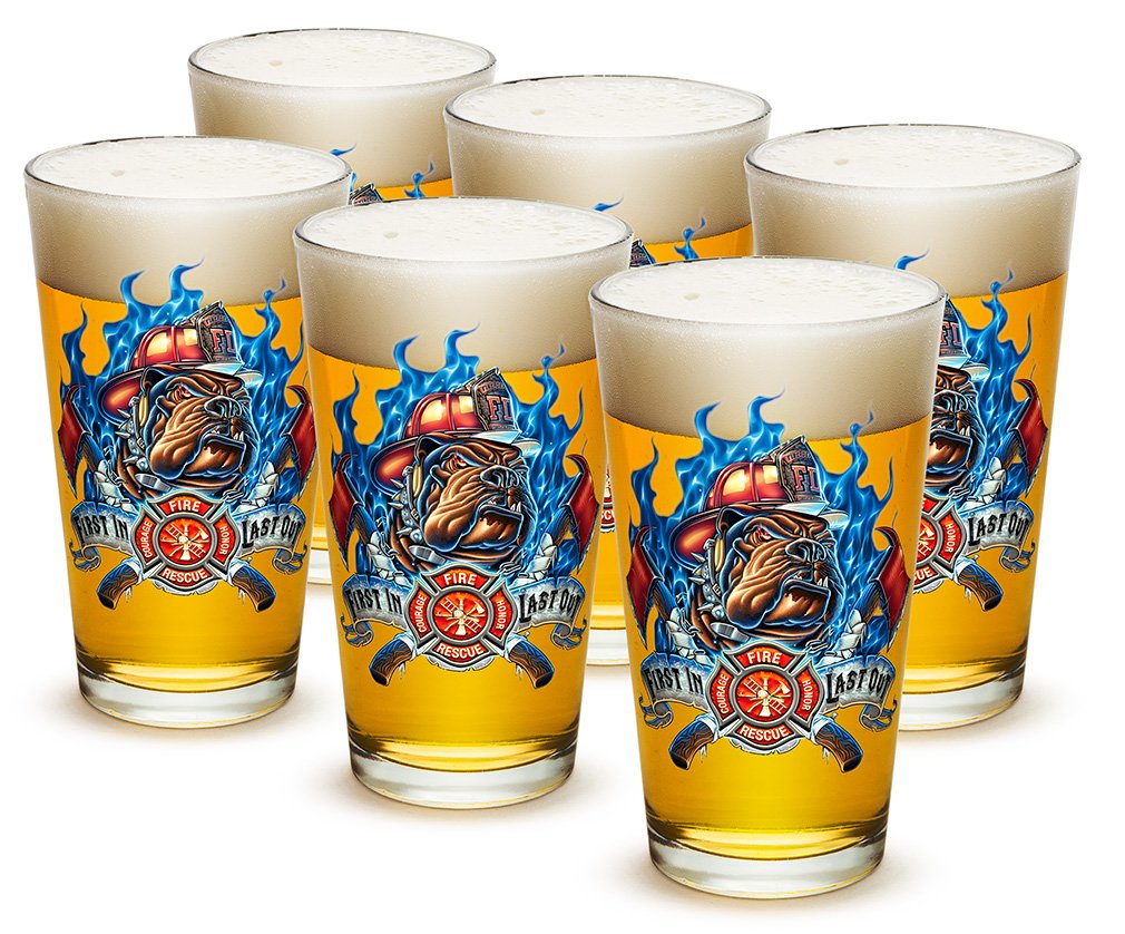 Erazor Bits Firefighter Beer Pint Glasses - 16oz Premium Highball Cocktail Mixing Glass Set of 12 - First In Last Out Design with Logo - Perfect for Cold Beverages, Parties, Bars & Home Entertaining