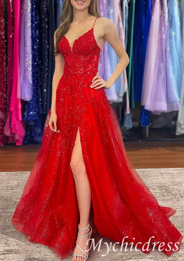 Elegant Red V-Neck Lace Sequin Prom Dress with High Slit - Perfect for Homecoming, Formal Dances & Special Occasions