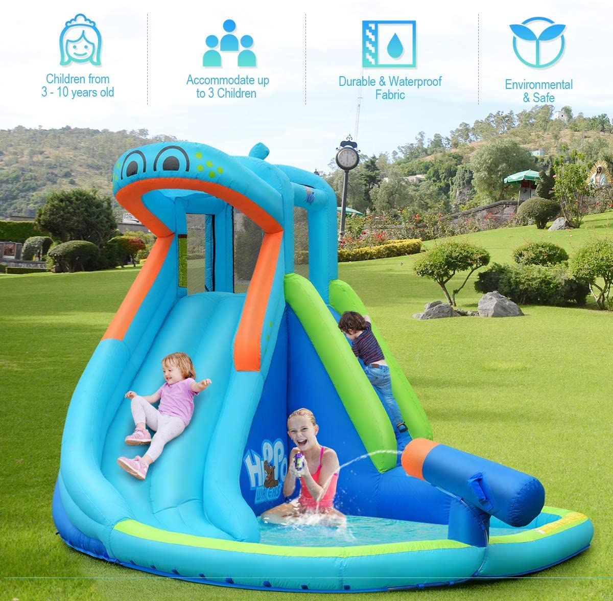 HONEY JOY Inflatable Water Slide - Hippo Theme Blow Up Bounce House with Climbing Wall for Backyard, Outdoor & Indoor Use - Kids and Adults Water Park Play Equipment (Blower Not Included) - Perfect for Summer Parties, Family Gatherings and Backyard Fun