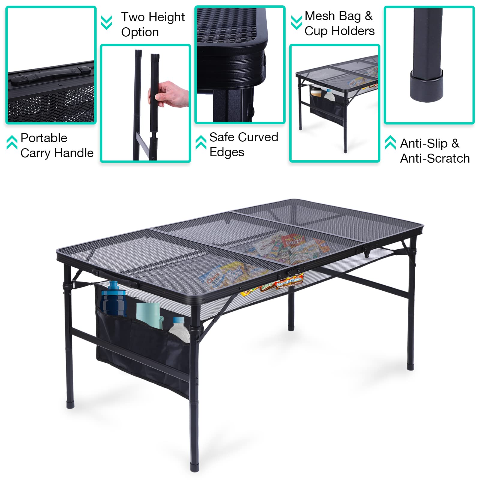 WGOS Folding Camping Table - Adjustable Height Portable Picnic Table with Mesh Storage Bag & Cup Holders, Lightweight Outdoor Indoor Table for Beach, Backyard, Tailgating, BBQ Parties (Large Black) - Perfect for Camping, Picnics, and Outdoor Adventures