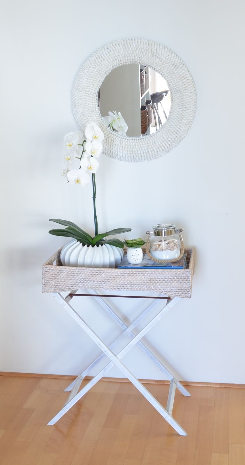 KOUBOO La Jolla Rattan Butler Tray with Folding Stand - Handwoven Decorative Serving Tray for Coffee Table, Breakfast in Bed, Living Room & Bedroom Decor - Whitewashed Wicker Tray for Home, Hotel and Gift Use