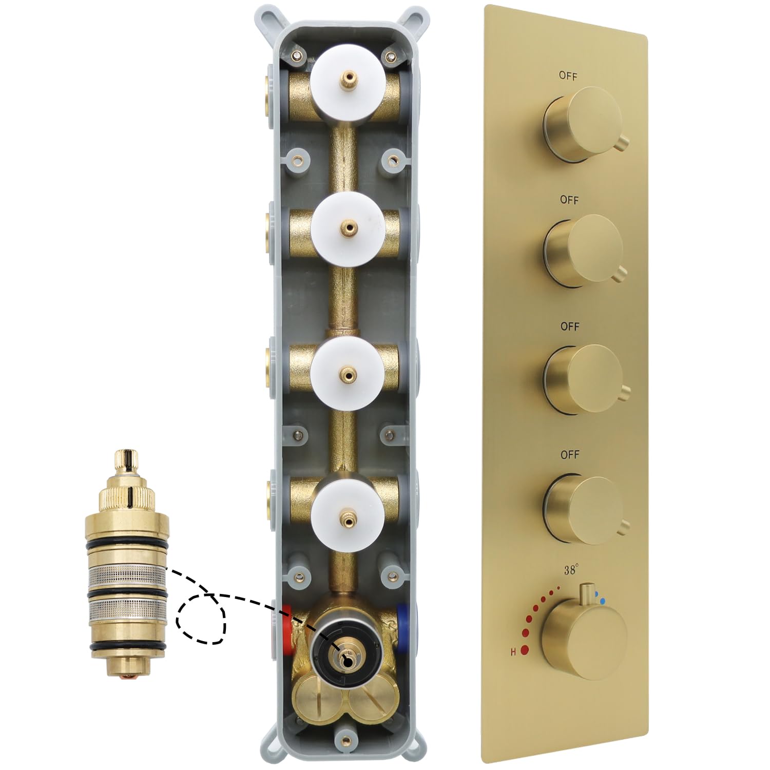 4-Way Thermostatic Shower Valve - Concealed 4-Outlet Shower Diverter Mixing Valve with Flow Control - Brushed Gold Finish - Perfect for Modern Bathroom Shower Systems (Can Run Multiple Outlets Simultaneously) - Ideal for Spa-Like Showers, Rainfall Showers & Multi-Head Bathroom Setups