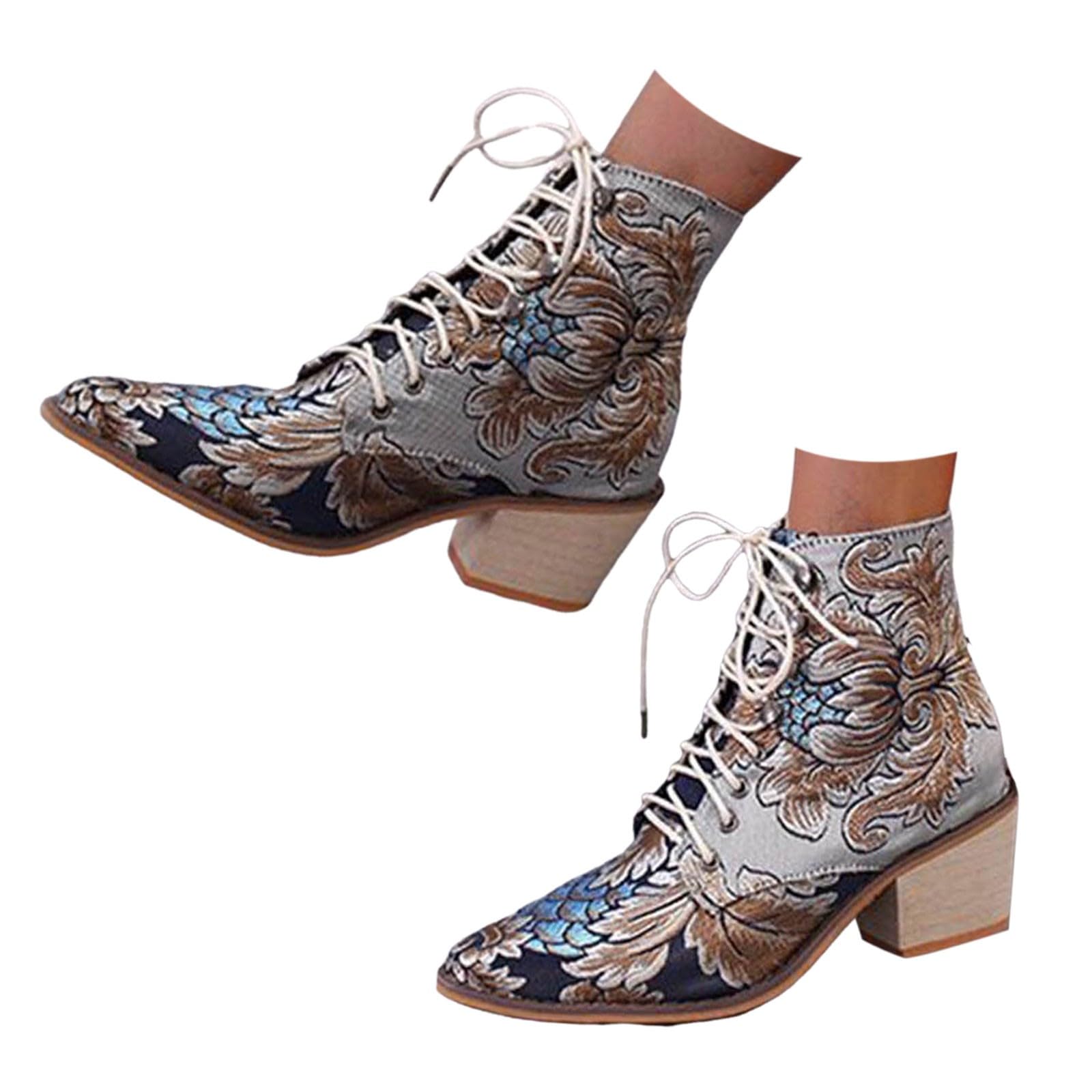 Women's Fashion Embroidered Western Cowboy Boots - Lace Up Ankle Boots with Chunky Low Heel | Perfect for Country Dancing, Rodeo Events & Casual Outfits