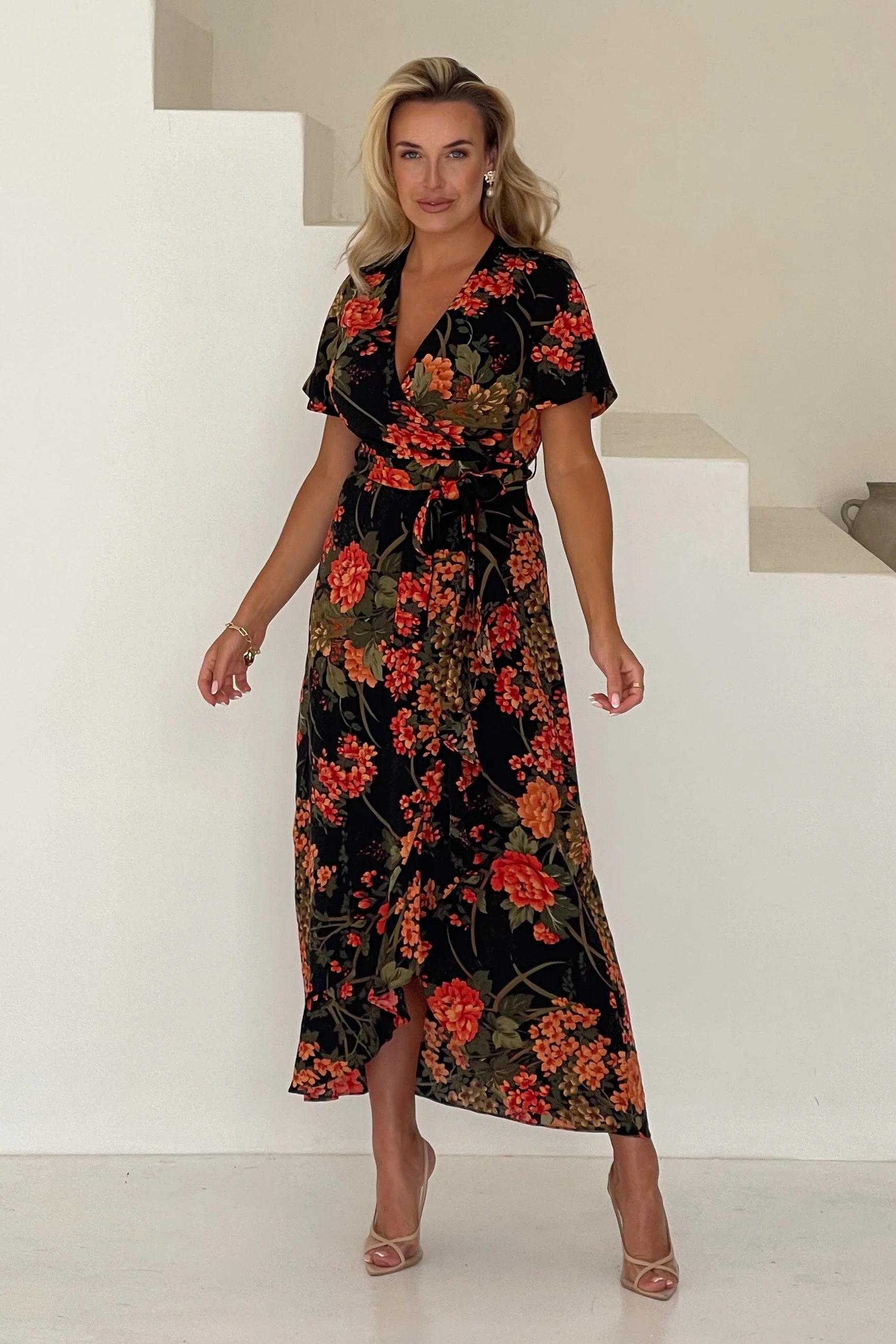 Farrah Split Hem Frill Maxi Dress - Brown Floral Print Summer Beach Dress for Women | Boho Chic Vacation Outfit, Wedding Guest Dress, Date Night Dress
