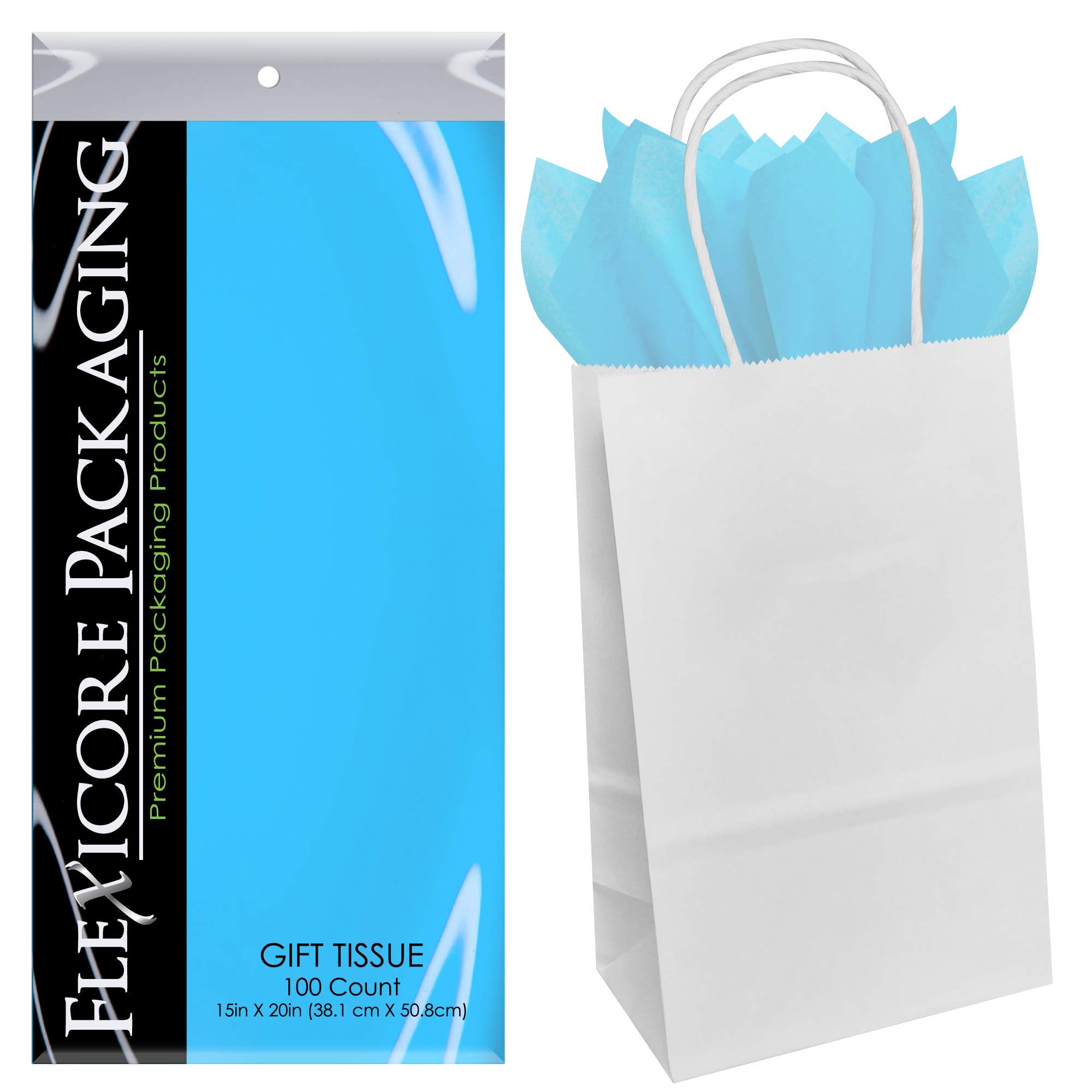 Premium White Kraft Paper Gift Bags with Light Blue Tissue Wrap - 5.25
