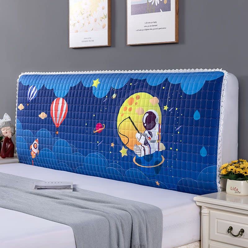 Cartoon Kids Bed Headboard Slipcover - Quilted Dustproof Protector Cover for Queen, King, Full, Twin & Cal King Size Beds | Space Blue Design | Perfect for Nursery, Children's Room & Playroom Decor